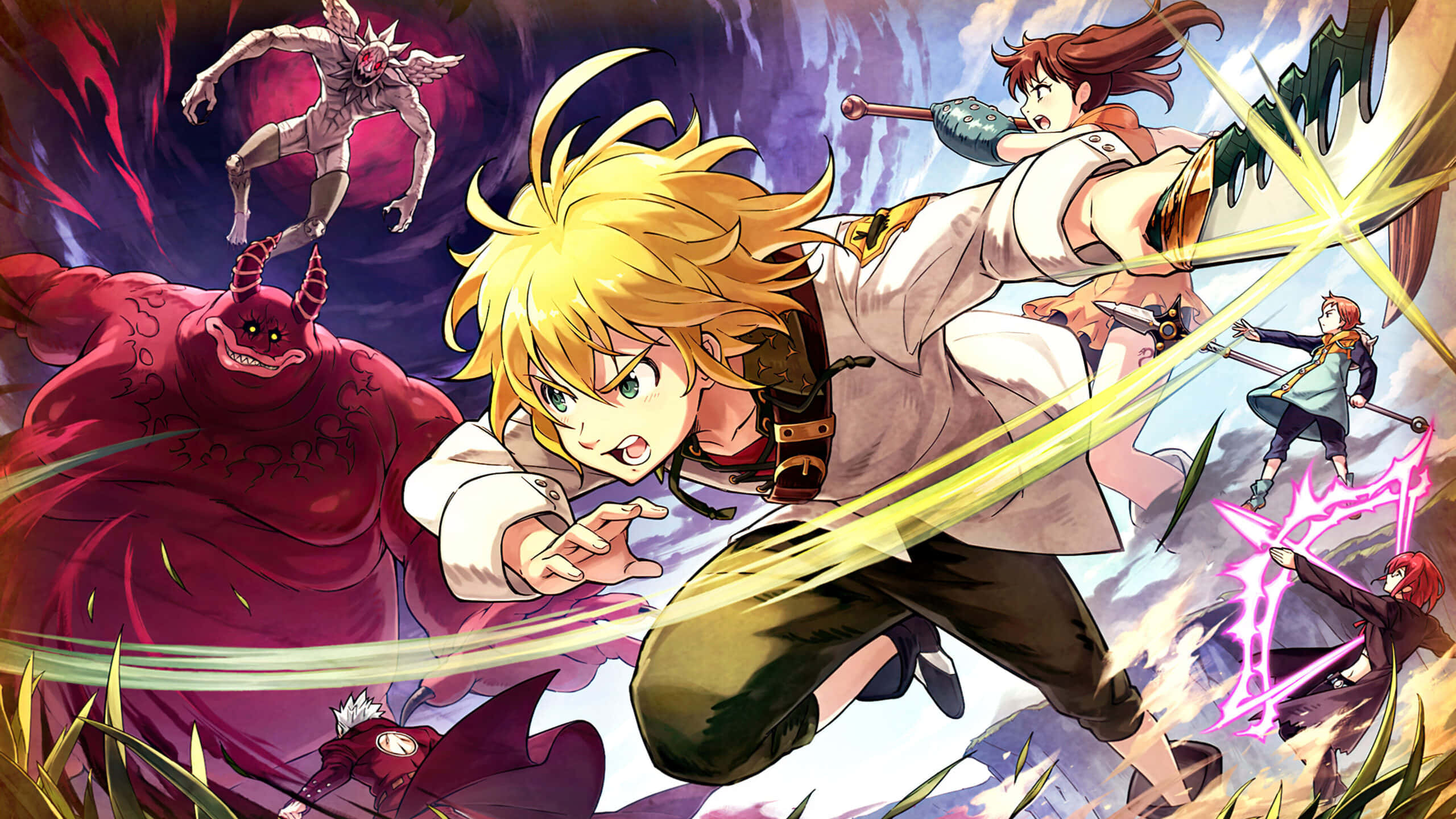 The Seven Deadly Sins 桌布 壁紙 — 一個動態的動漫戰鬥場景，金髮主角在充滿活力的奇幻設定中對怪物敵人釋放發光的劍斬。