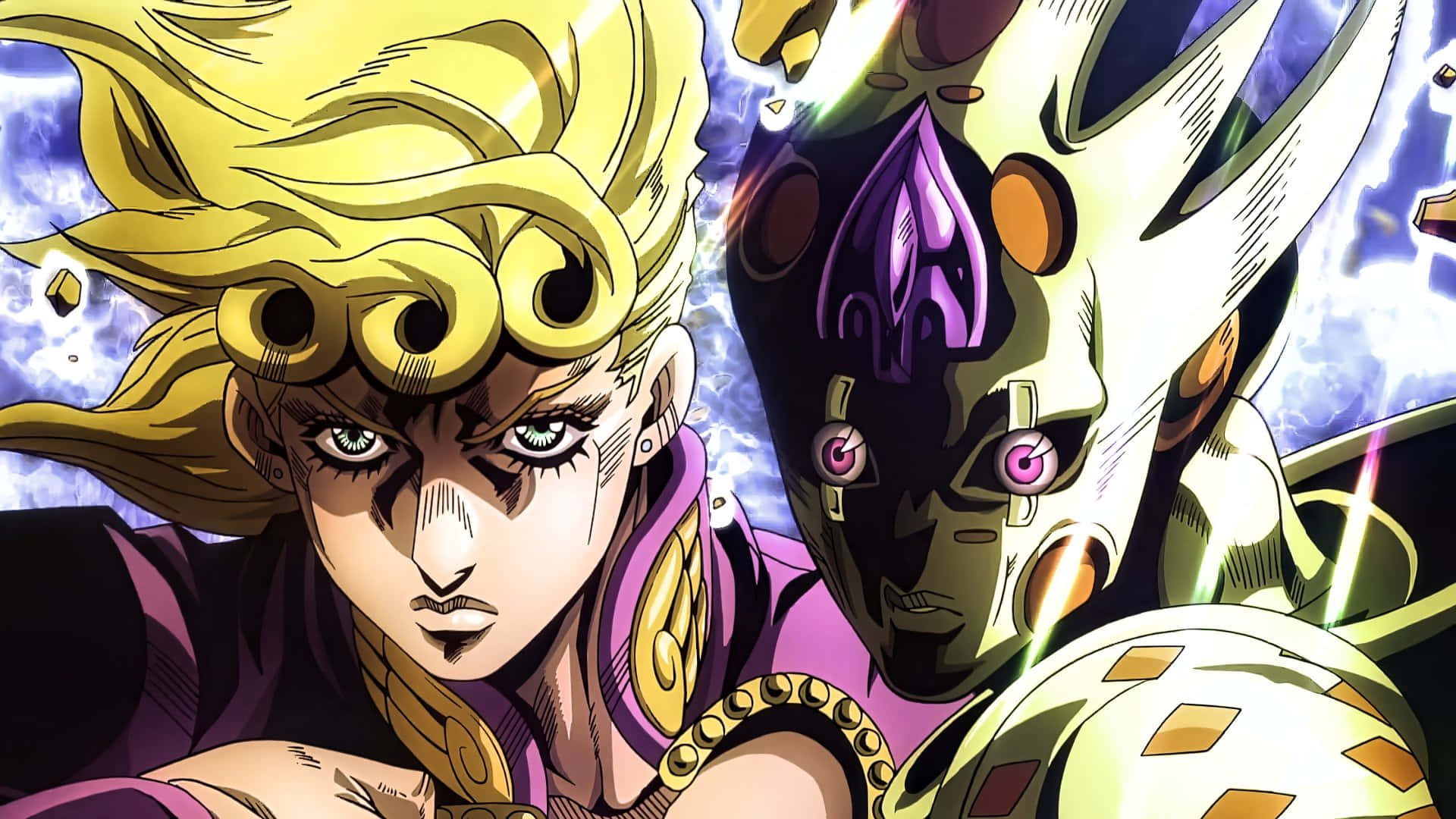 Golden Wind 桌布 壁紙 — 一個動態的動漫戰鬥場景，金髮戰士在暴風雨的天空下對抗一個威脅性的裝甲生物。