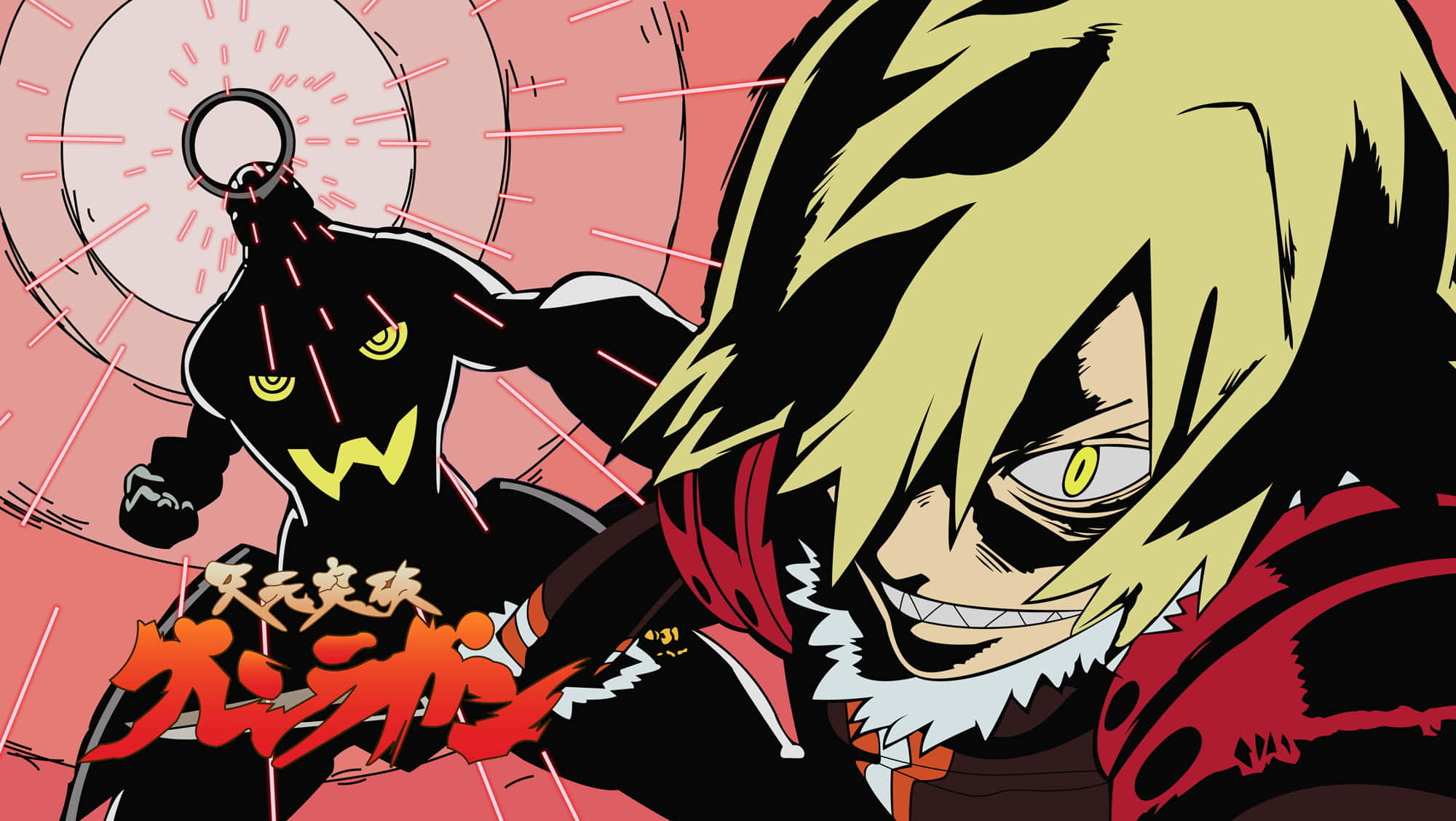 Gurren Lagann Viral 桌布 壁紙 — 一個動態的動漫戰鬥場景，金髮英雄身穿紅色斗篷，在粉紅色背景前對抗一個戴著黑色面具、眼睛發出黃光的反派。