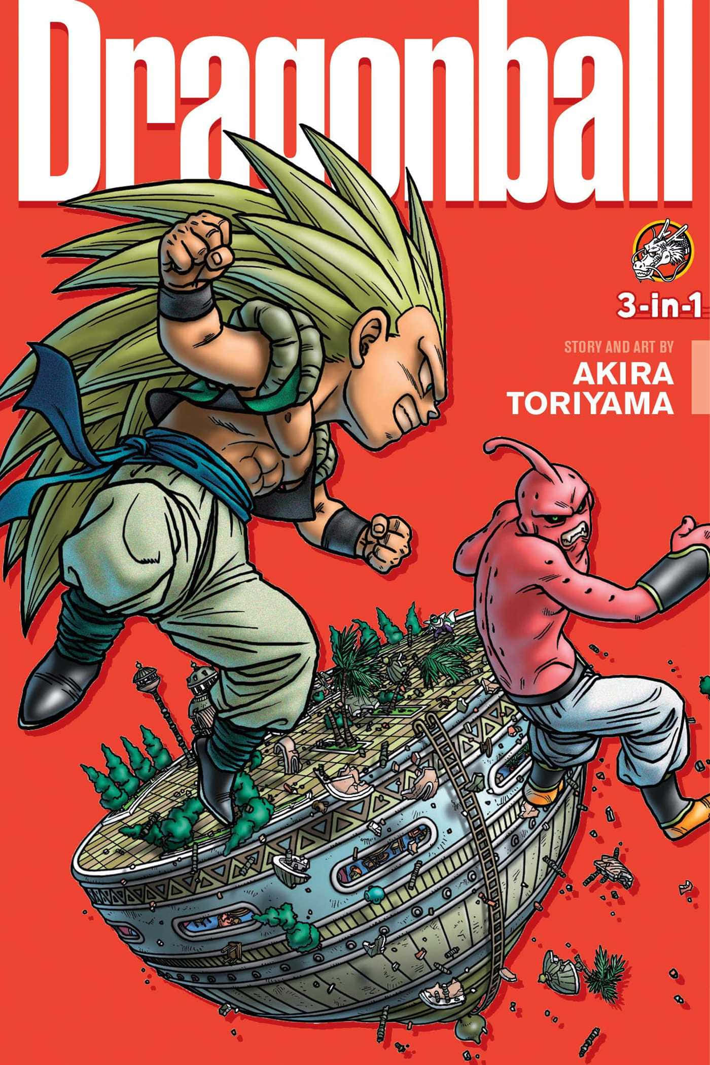 Dragon Ball Super Manga 桌布 壁紙 — 一個動態的動漫戰鬥場景，顯示一位綠髮戰士在破損的太空船上跳躍攻擊一位粉紅色皮膚的對手，背景為大膽的紅色。