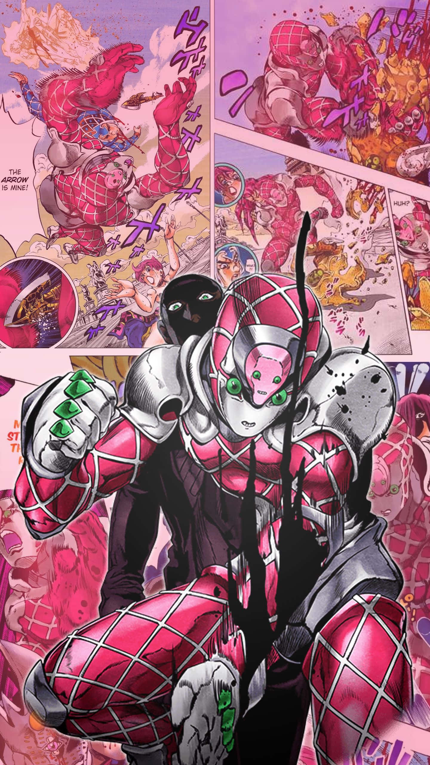 Jojo King Crimson 桌布 壁紙 — 一個動態的動漫漫畫面板，展示一個身穿粉紅色盔甲、綠色眼睛和黑色面具的角色擺出動作姿勢。