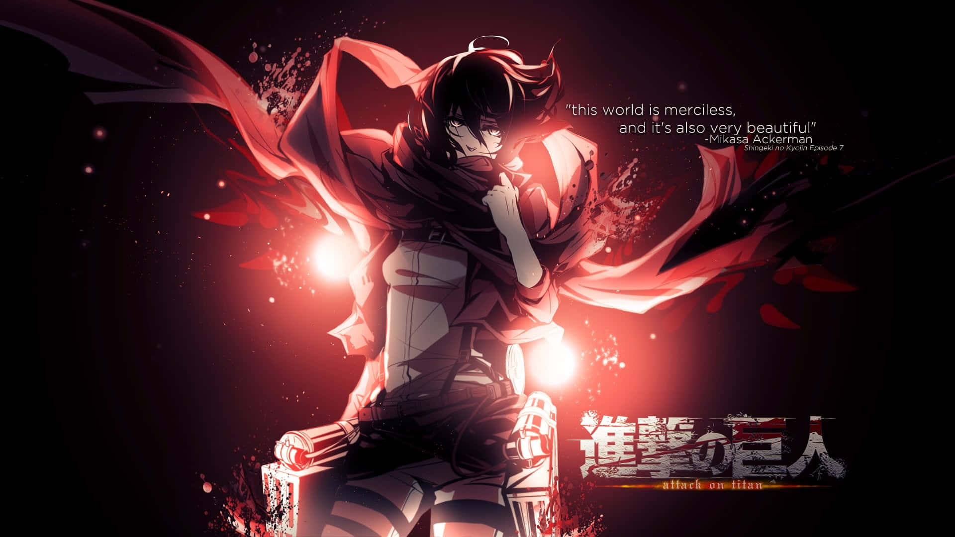 Attack On Titan Poster 桌布 壁紙 — 一個動態的動漫角色，披著飄逸的紅色斗篷，在黑暗背景中閃爍的光芒照耀下站立。