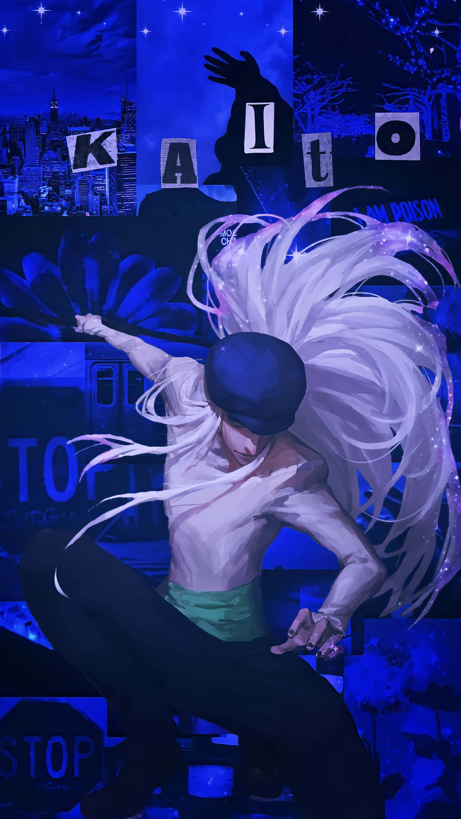 Hunter X Hunter Kite 桌布 壁紙 — 一個動態的動漫角色，擁有飄逸的白髮和黑色帽子，在藍色調的城市夜景背景中擺出姿勢，背景包括城市景觀和塗鴉。