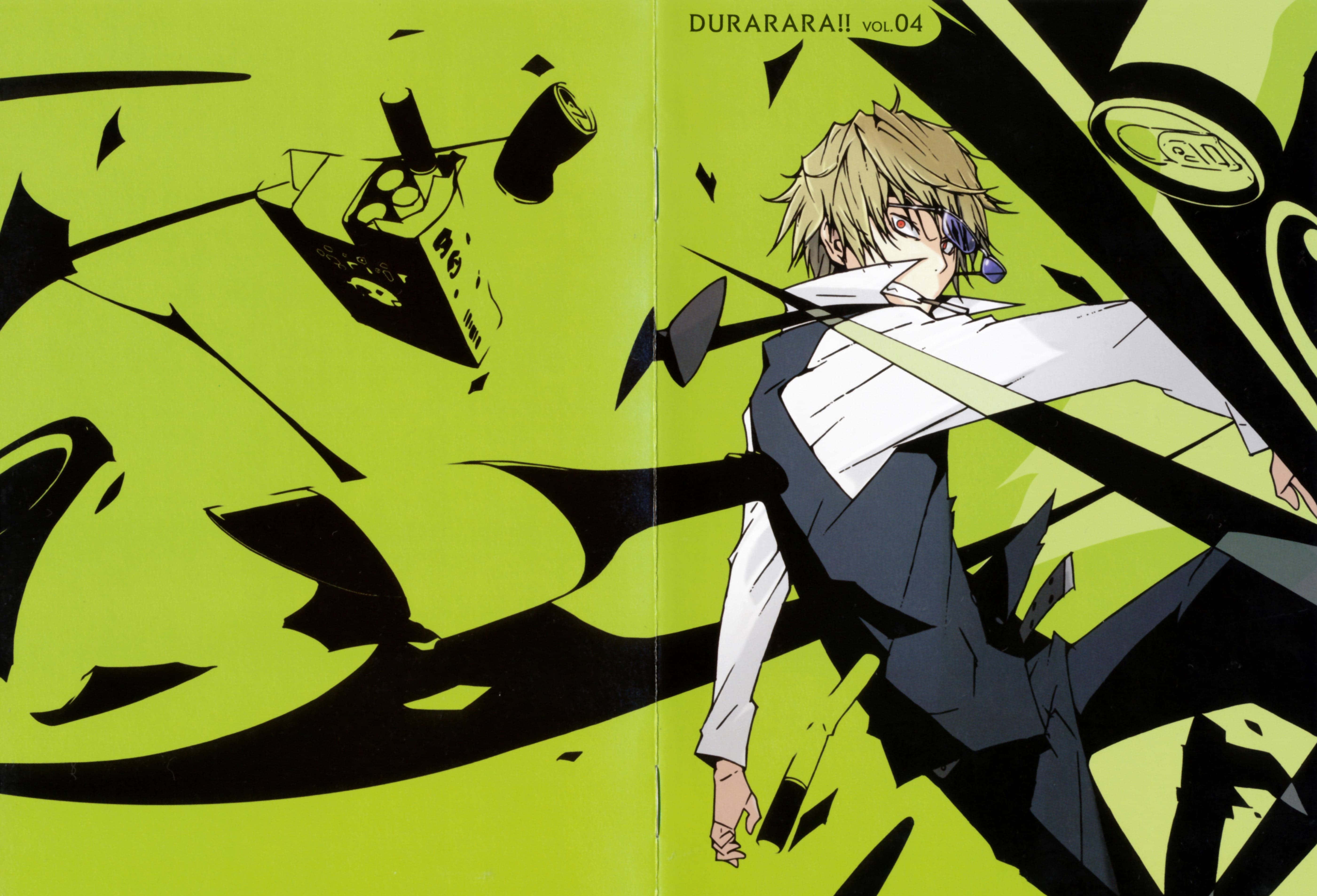 Shizuo Heiwajima 桌布 壁紙 — 一個動態的動漫角色，金髮白衫，被黑色碎片和漂浮的罐子包圍，背景是鮮豔的青檸綠色。