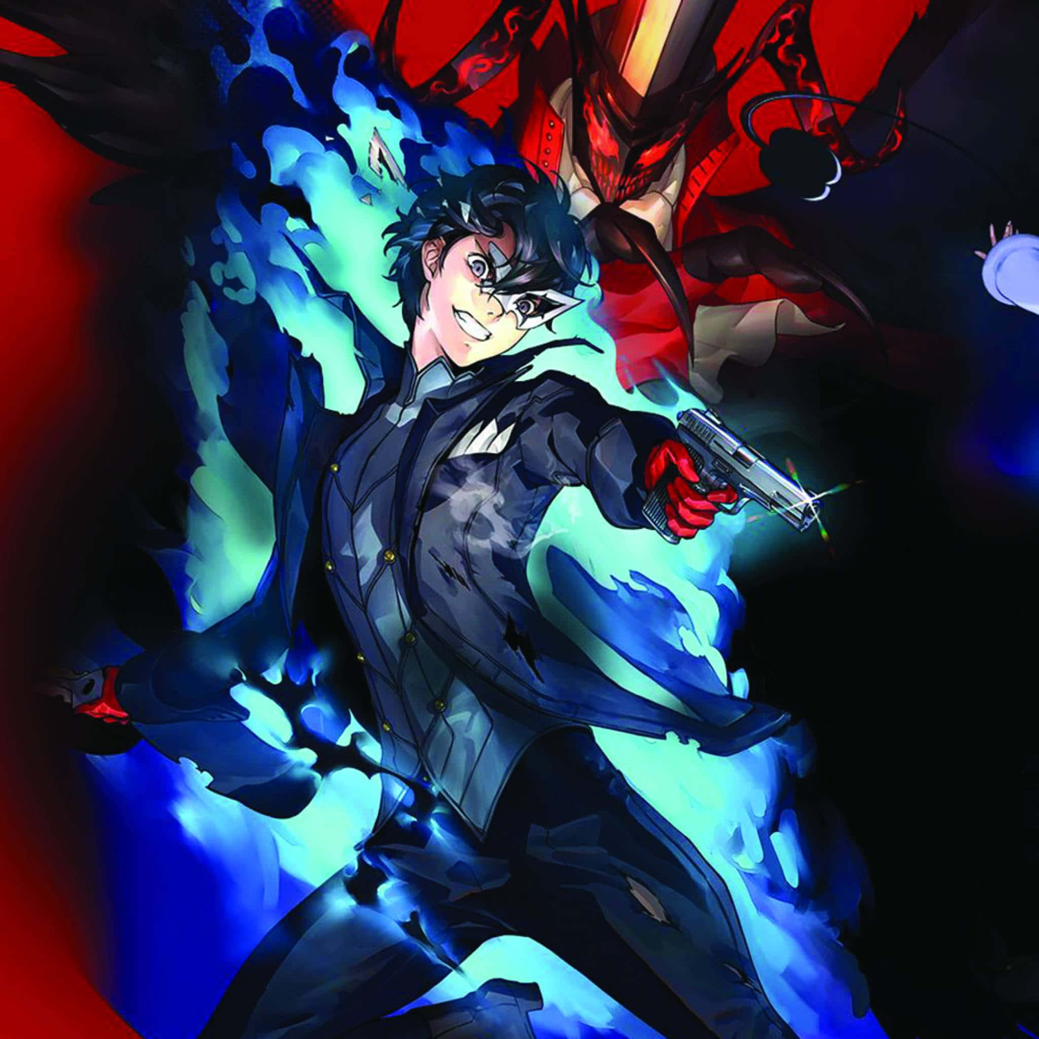 Persona 5 Strikers 桌布 壁紙 — 一個動態的動漫角色穿著深色西裝，向一個紅色惡魔般的人物發射一把被藍色能量包圍的發光手槍。