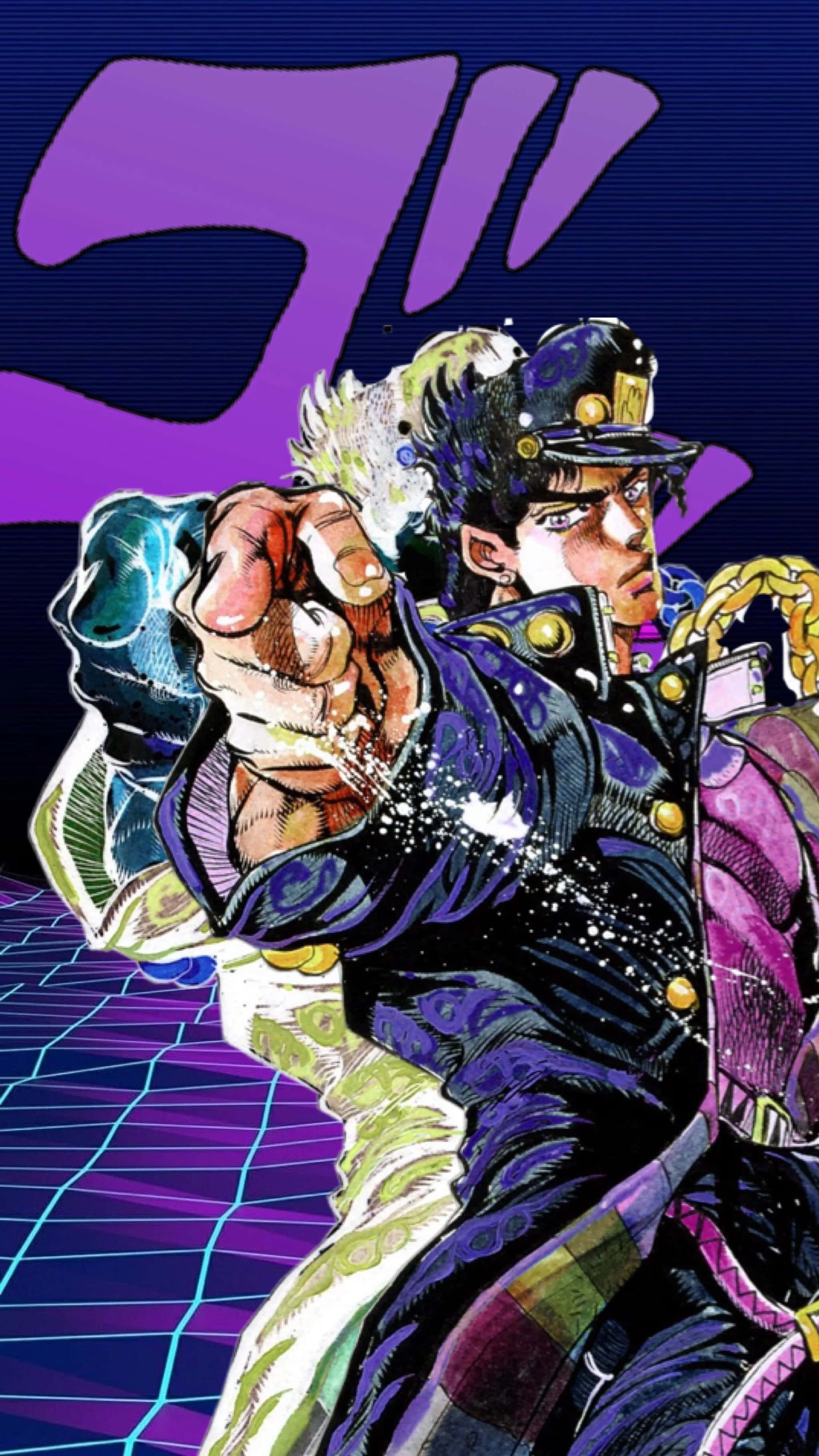 Jojo Pose 桌布 壁紙 — 一個動態的動漫角色穿著紫色外套，在帶有醒目紫色和藍色色調的發光網格背景上向前出拳。