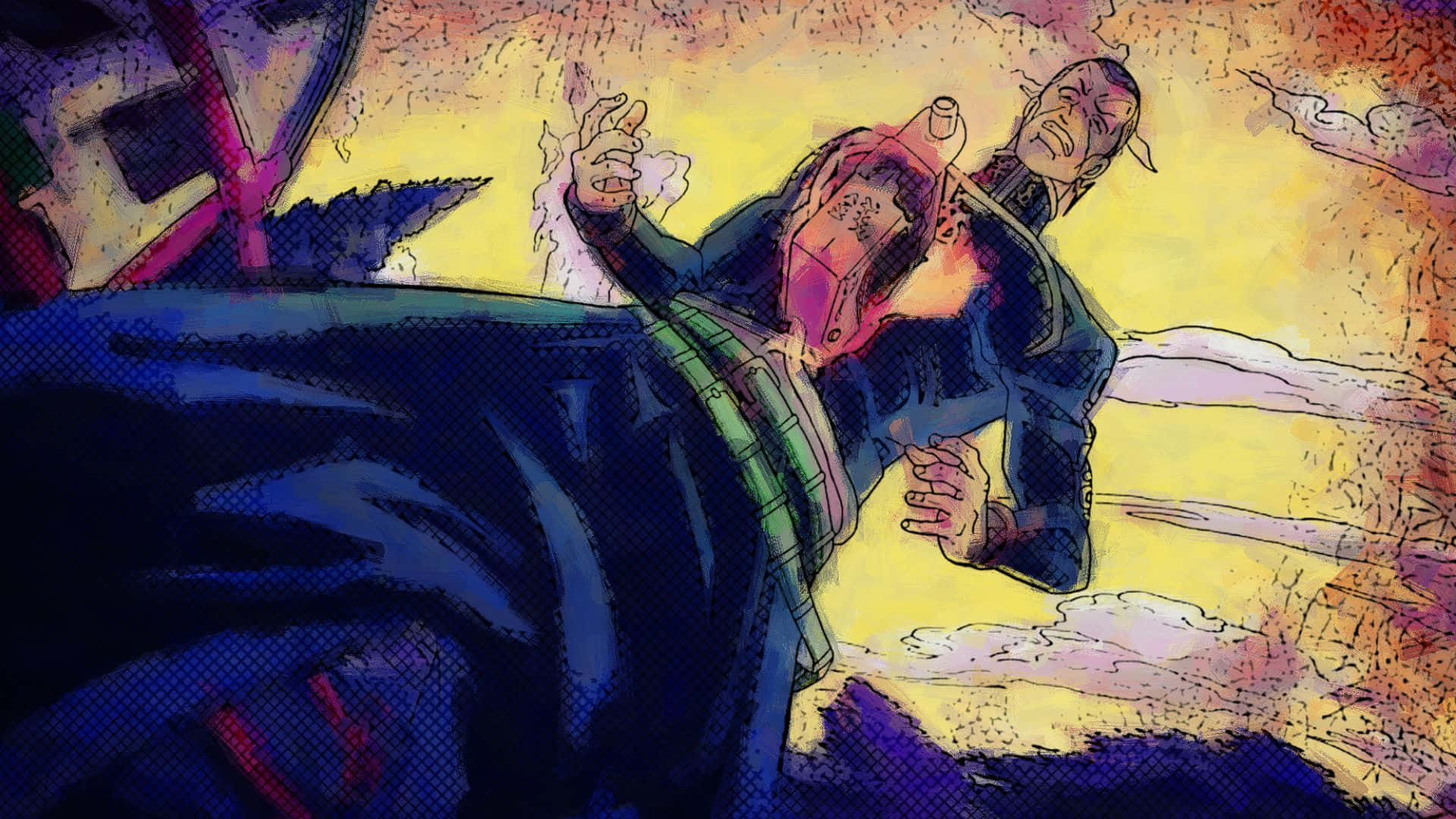 Okuyasu Nijimura 桌布 壁紙 — 一個動態的動漫角色穿著藍色外套，伴隨著戲劇性的動作線條，躍過火紅的日落天空。