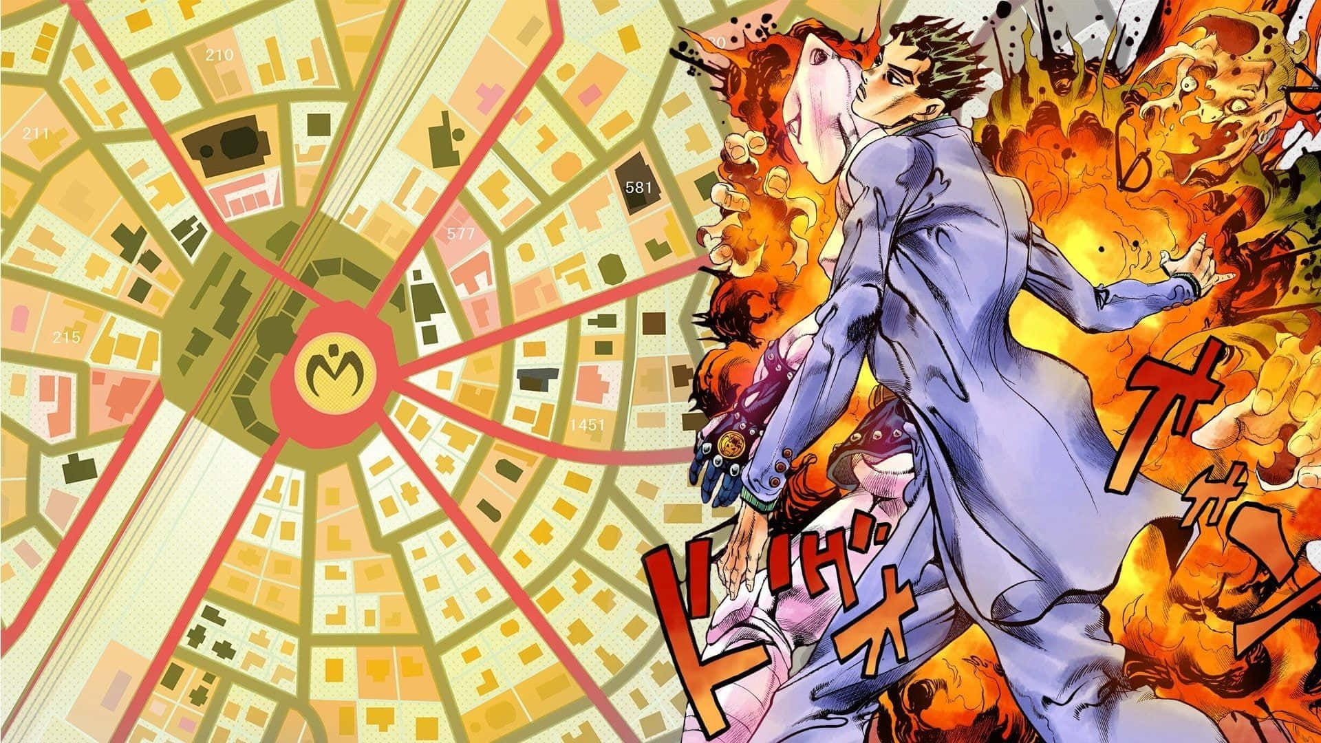 Diamond Is Unbreakable 桌布 壁紙 — 一個動態的動漫角色穿著藍色西裝，在風格化的城市地圖背景下與熾熱的爆炸戰鬥。