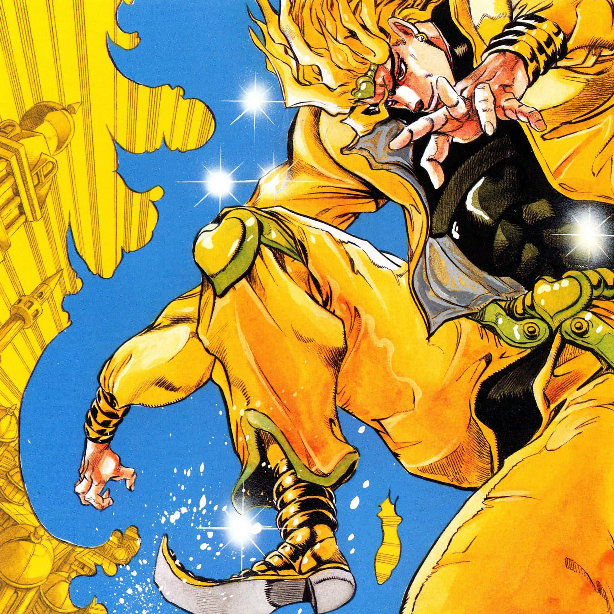 Jojo Meme 桌布 壁紙 — 一個動態的動漫角色穿著黃色服裝，在藍天中跳躍，帶有閃爍效果和機械結構。
