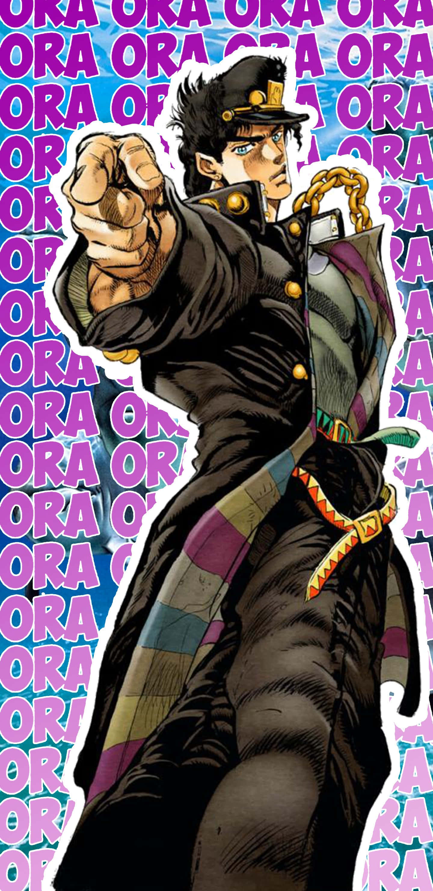 承太郎 桌布 壁紙 — 一個動態的動漫角色穿著黑色制服，在充滿活力的粉紅色和藍色重複文字背景前指向前面。
