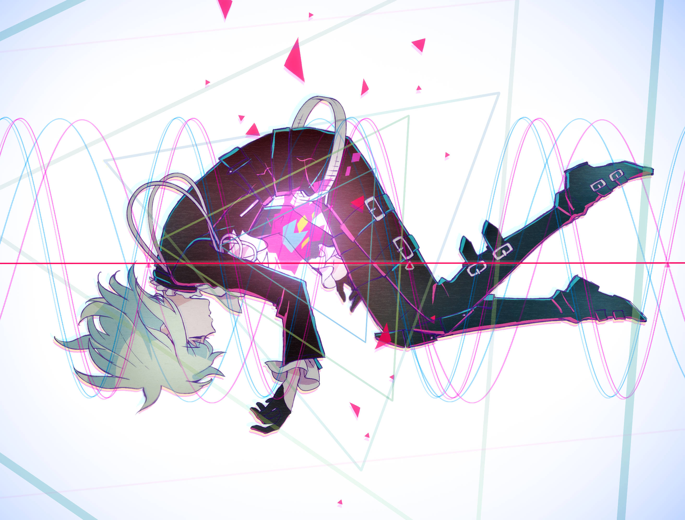 Laying Lio Fotia Promare 壁紙 — 一個動態的動漫角色穿著黑色裝備，在網格背景中穿過發光的粉紅色和藍色數位波浪。