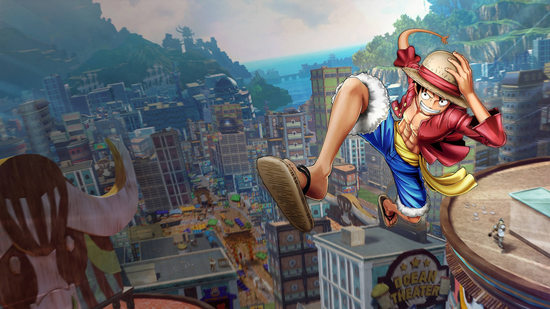 Luffy 桌布 壁紙 — 一個動態的動漫角色跳過繁華的城市景觀，背景有山脈和海洋。