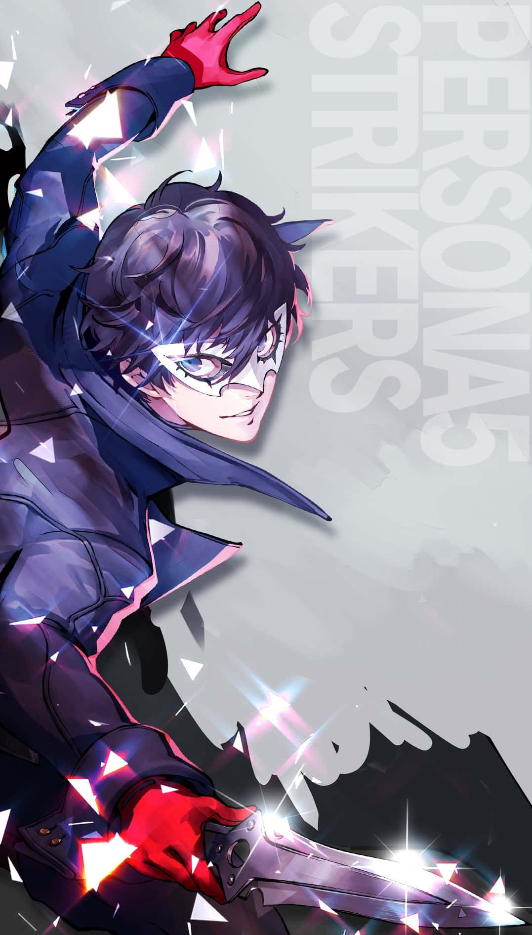 Persona 5 Strikers 桌布 壁紙 — 一個動態的動漫角色身穿深色外套，在灰色背景中揮舞著一把發光的劍，周圍閃爍著碎片。