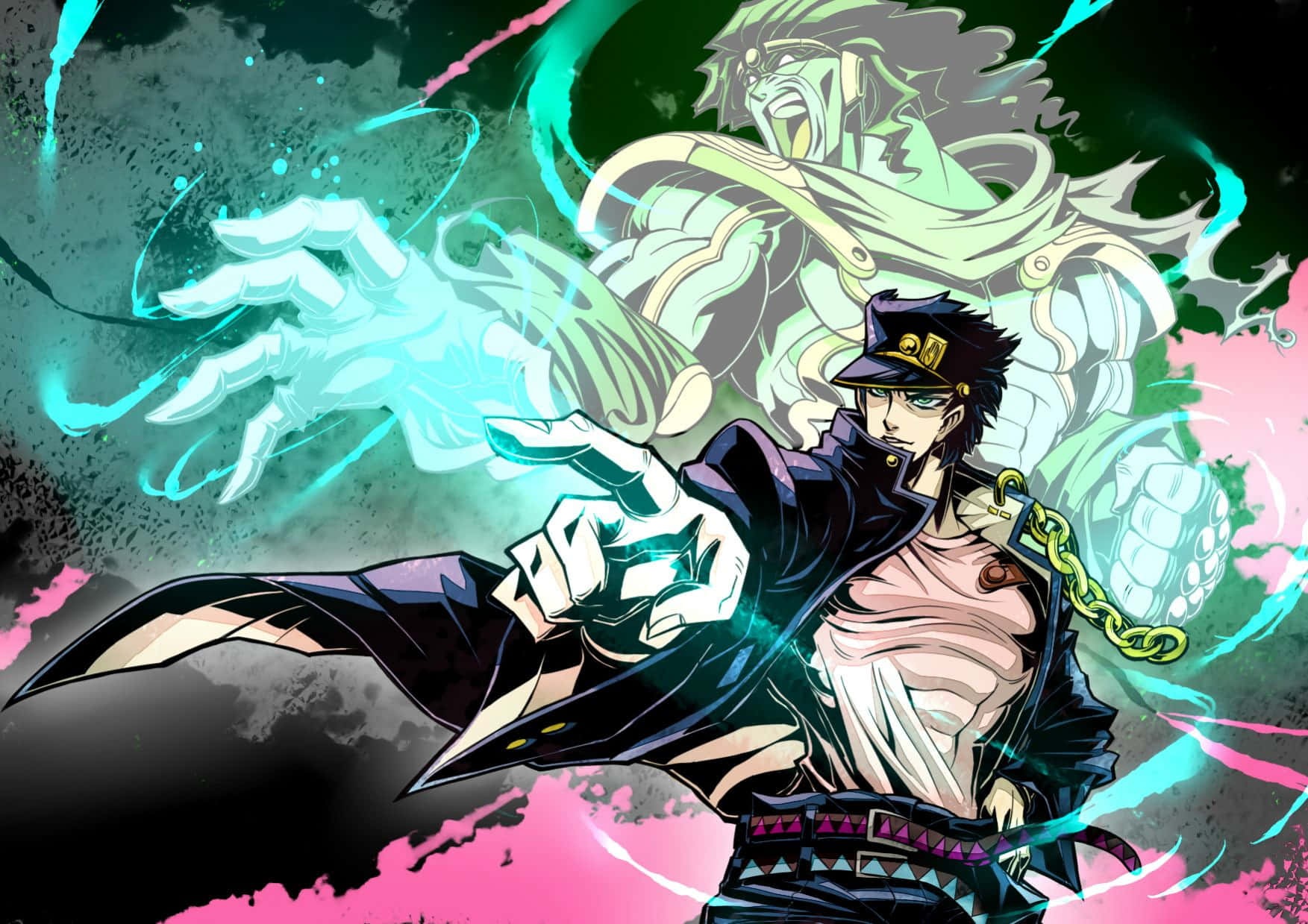 Jotaro Kujo 桌布 壁紙 — 一個動態的動漫角色身穿黑色外套，在充滿活力的粉紅色和藍綠色背景下，釋放出發光的青色能量，身後有一個幽靈般的綠色身影若隱若現。