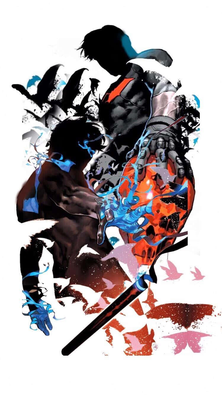 Beyonder 桌布 壁紙 — 一個動態的動漫風格戰士，身穿黑色盔甲，在純白背景上與熾熱的紅藍能量衝擊波碰撞。