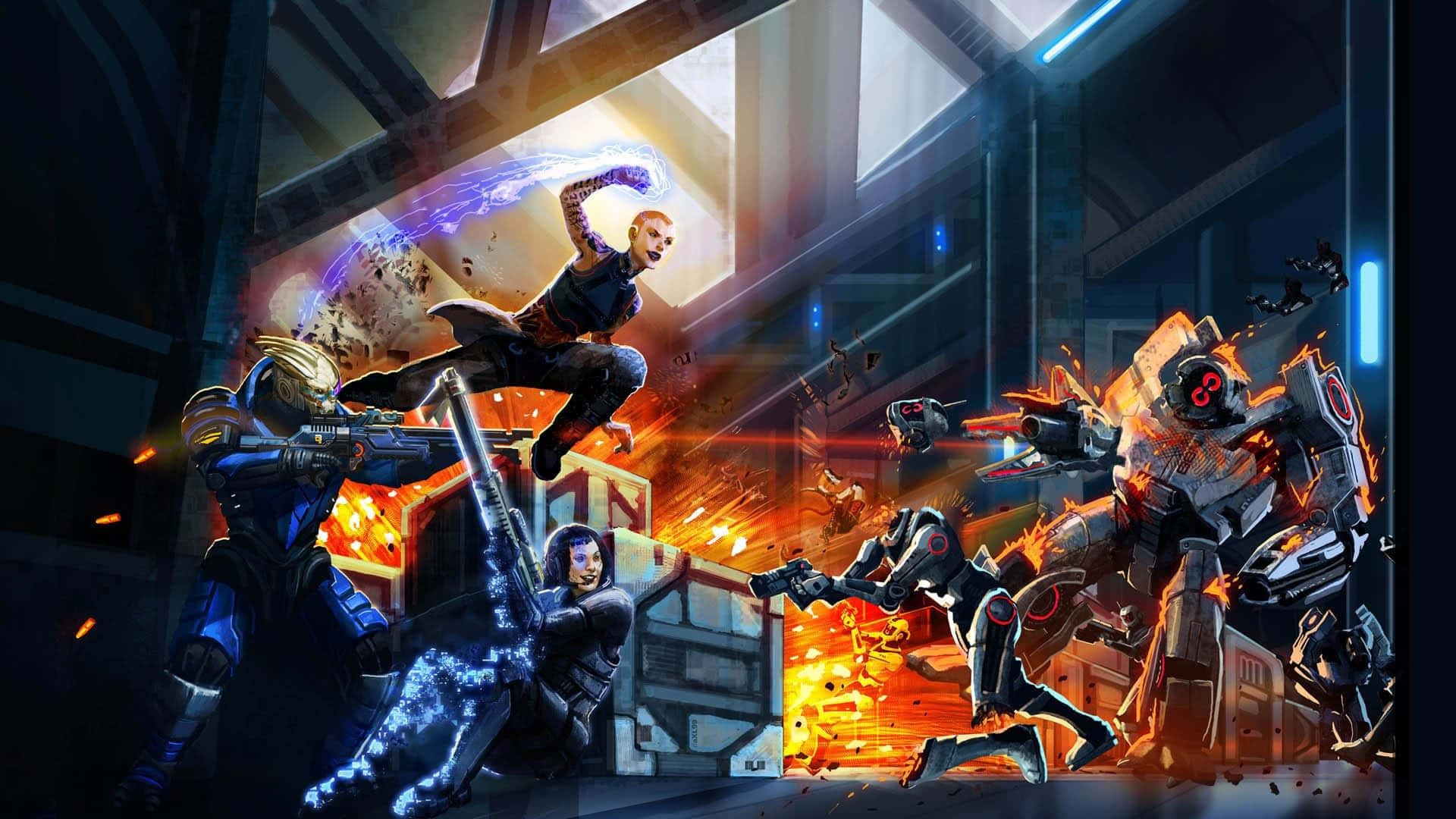 Mass Effect 2 桌布 壁紙 — 一個動態的動漫風格戰鬥場景，發光的英雄與熾熱的機器人在高科技工業設施中激烈交鋒。