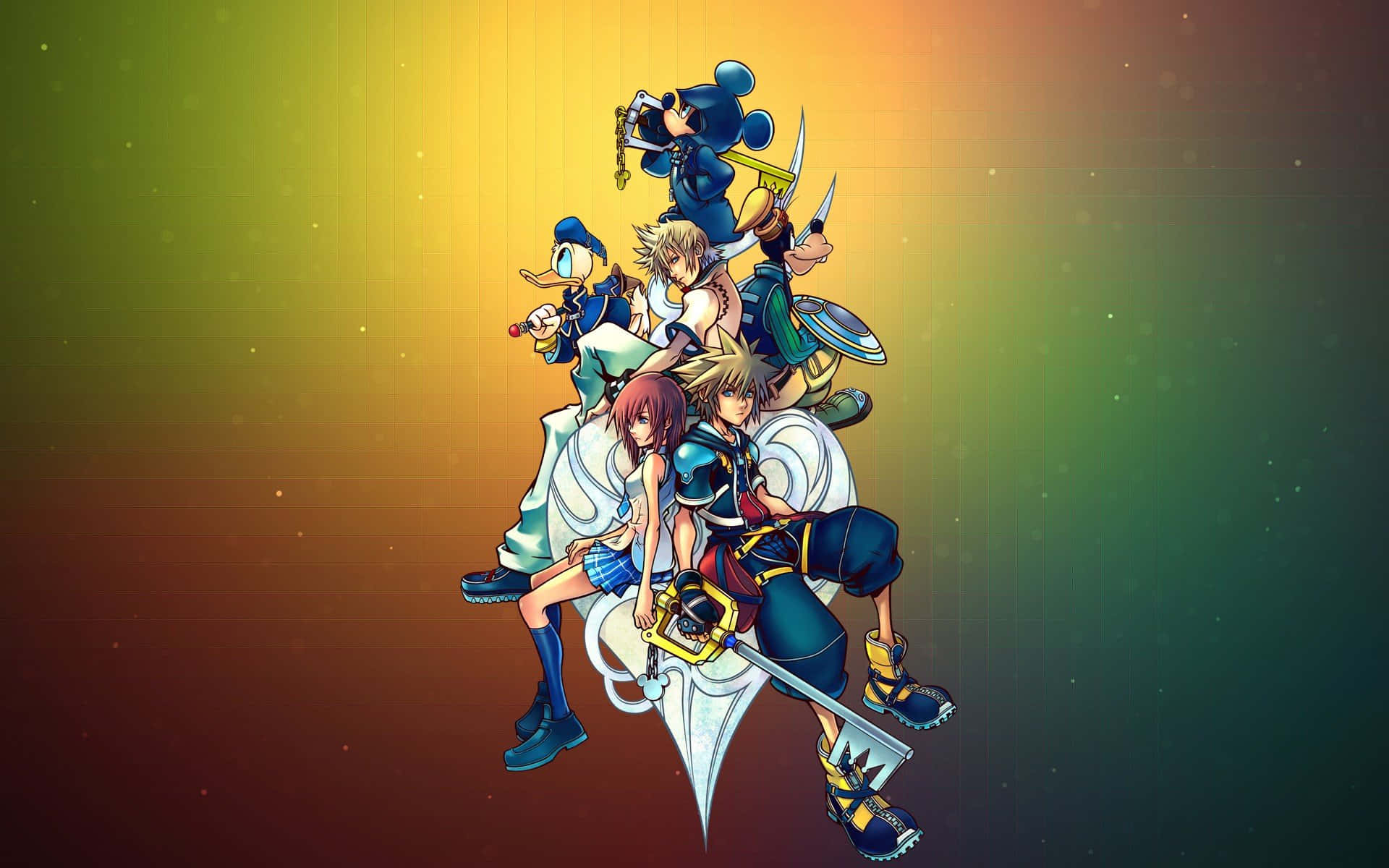 Kingdom Hearts 桌布 壁紙 — 一個動態的動畫五人英雄團體，在發光的鑰刃上英勇地擺出姿勢，背景是光芒四射的漸變色。