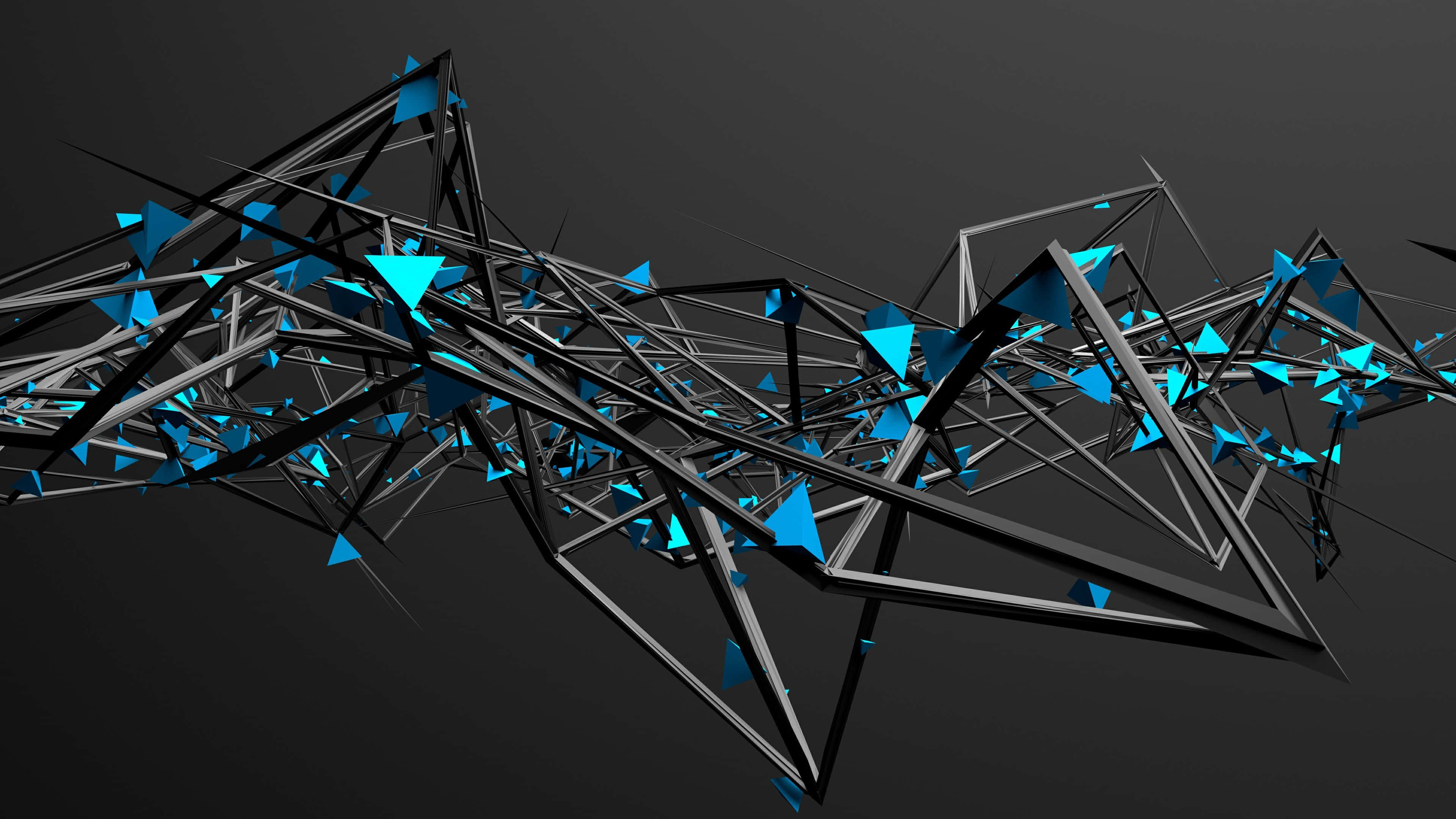 3d Abstract 桌布 壁紙 — 一個動態的抽象構圖，包含黑色幾何框架和發光的藍色三角形，背景為深灰色。