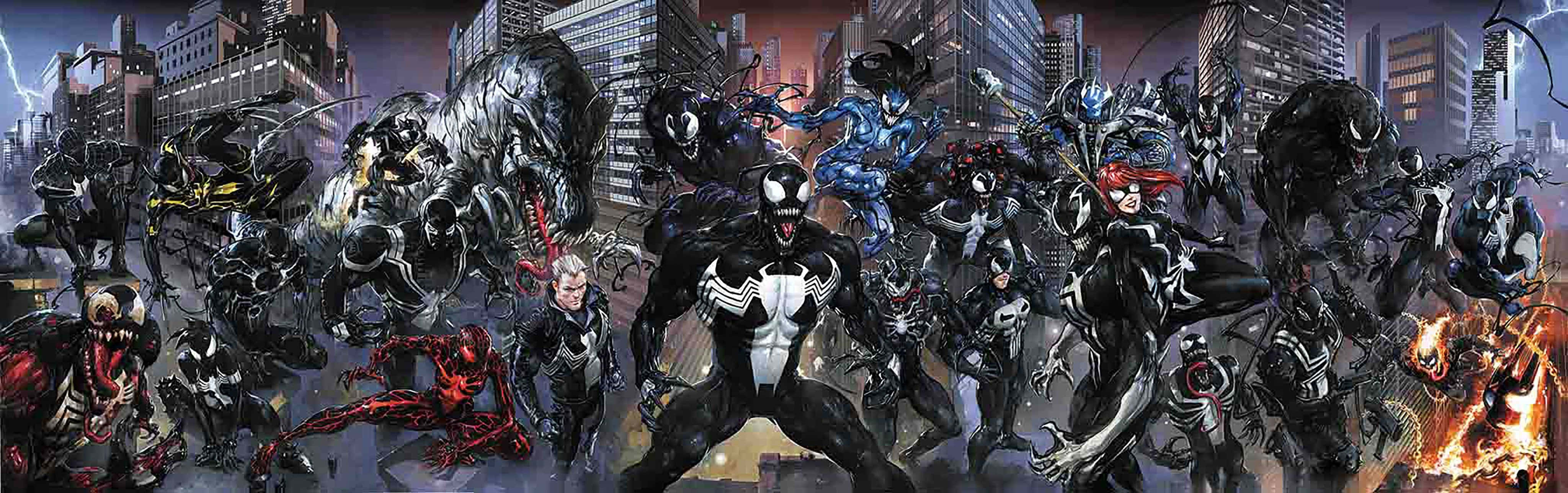 Venomverse 桌布 壁紙 — 一個動態的漫畫場景，描繪多個毒液共生體和盟友在黑暗的未來城市景觀中夜間戰鬥。
