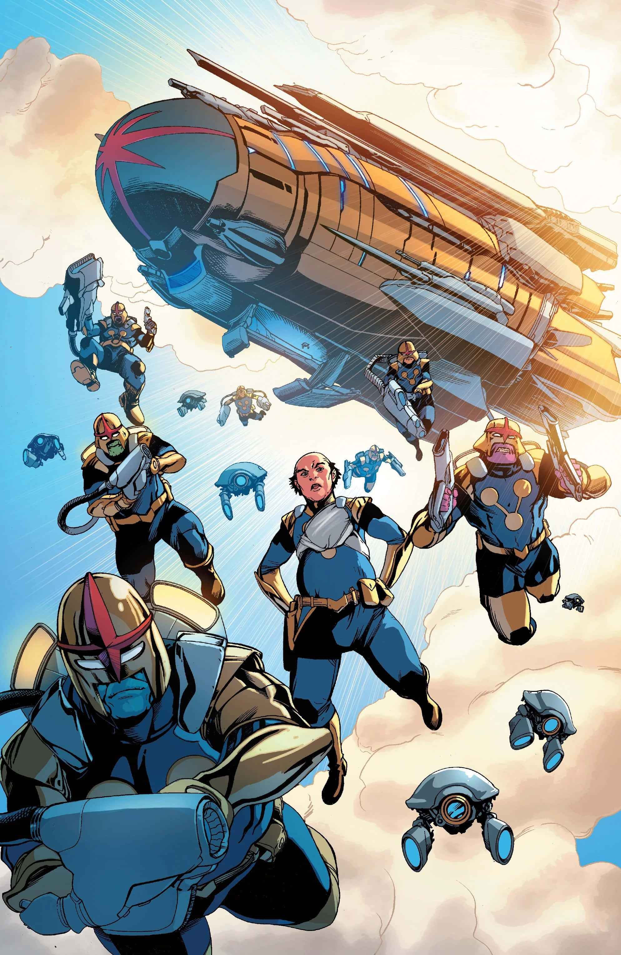 Nova Corps 桌布 壁紙 — 一個動態的漫畫場景顯示裝甲英雄穿過雲層飛行，上方有一艘巨大的未來太空船。