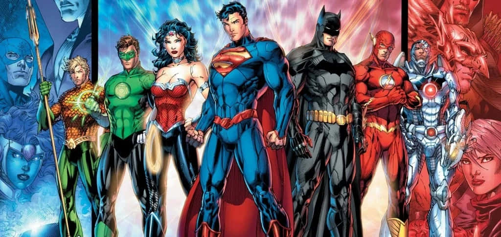 Animated Superhero Movies 桌布 壁紙 — 一個動態的漫畫書陣容，包括超人、蝙蝠俠、神奇女俠和閃電俠，英雄般地站在充滿活力的宇宙背景下。