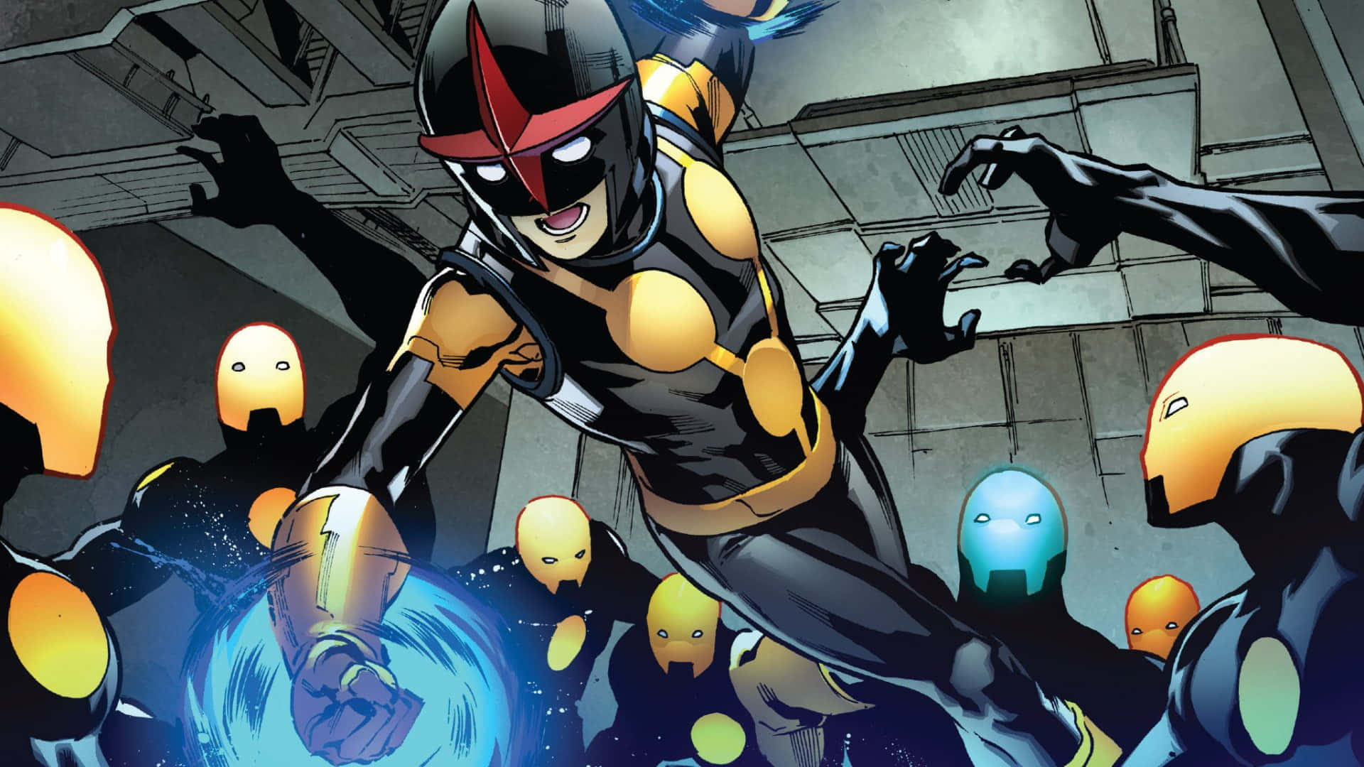 Nova Corps 桌布 壁紙 — 一個動態的漫畫英雄穿著黑色和金色的盔甲向前跳躍，被發光的人形人物包圍在一個粗糙的工業環境中。