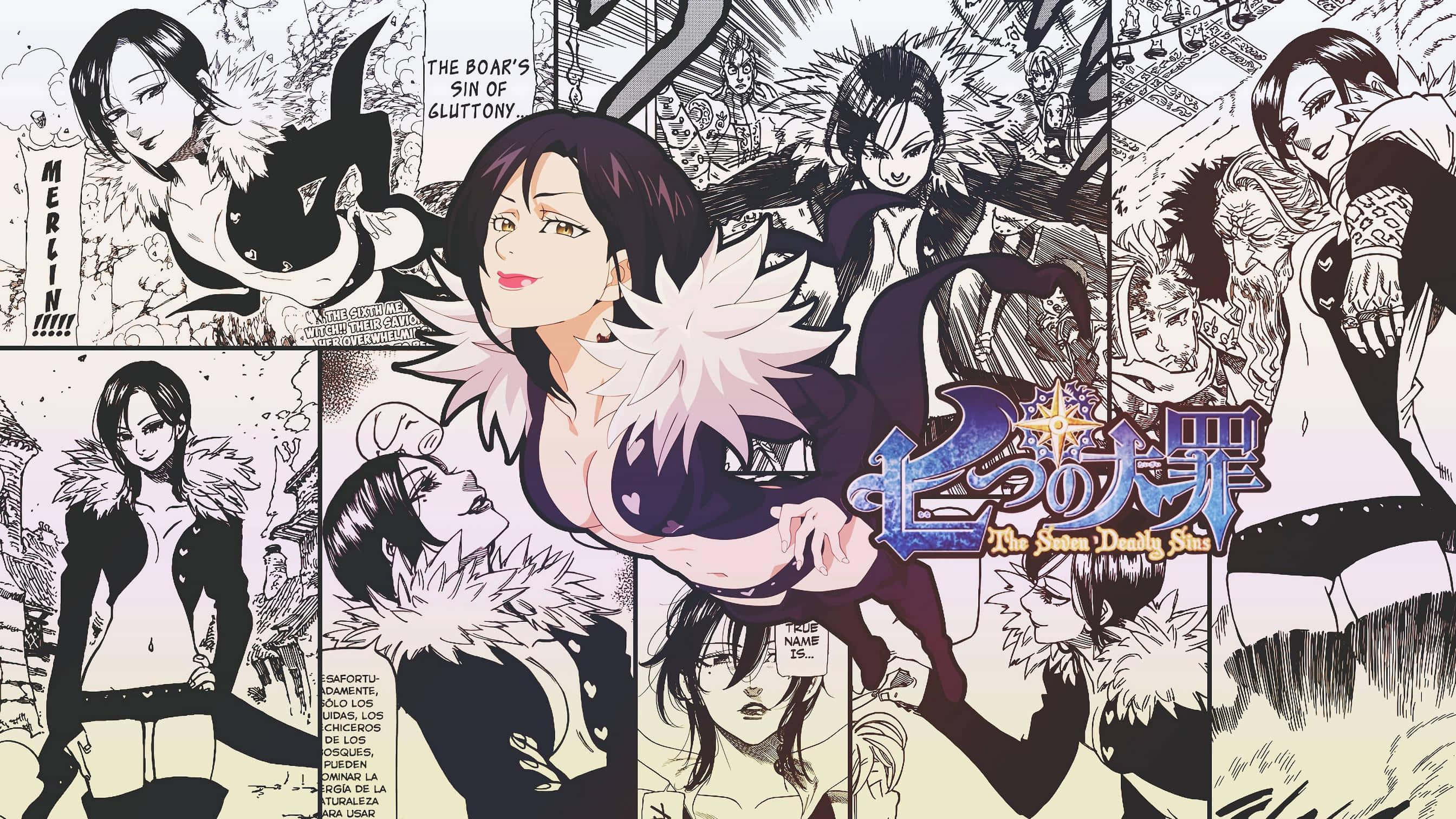 Seven Deadly Sins Merlin 桌布 壁紙 — 一個動態的漫畫面板拼貼， featuring 來自《七大罪》的角色，具有大膽的黑色墨水線條和富有表現力的面孔。