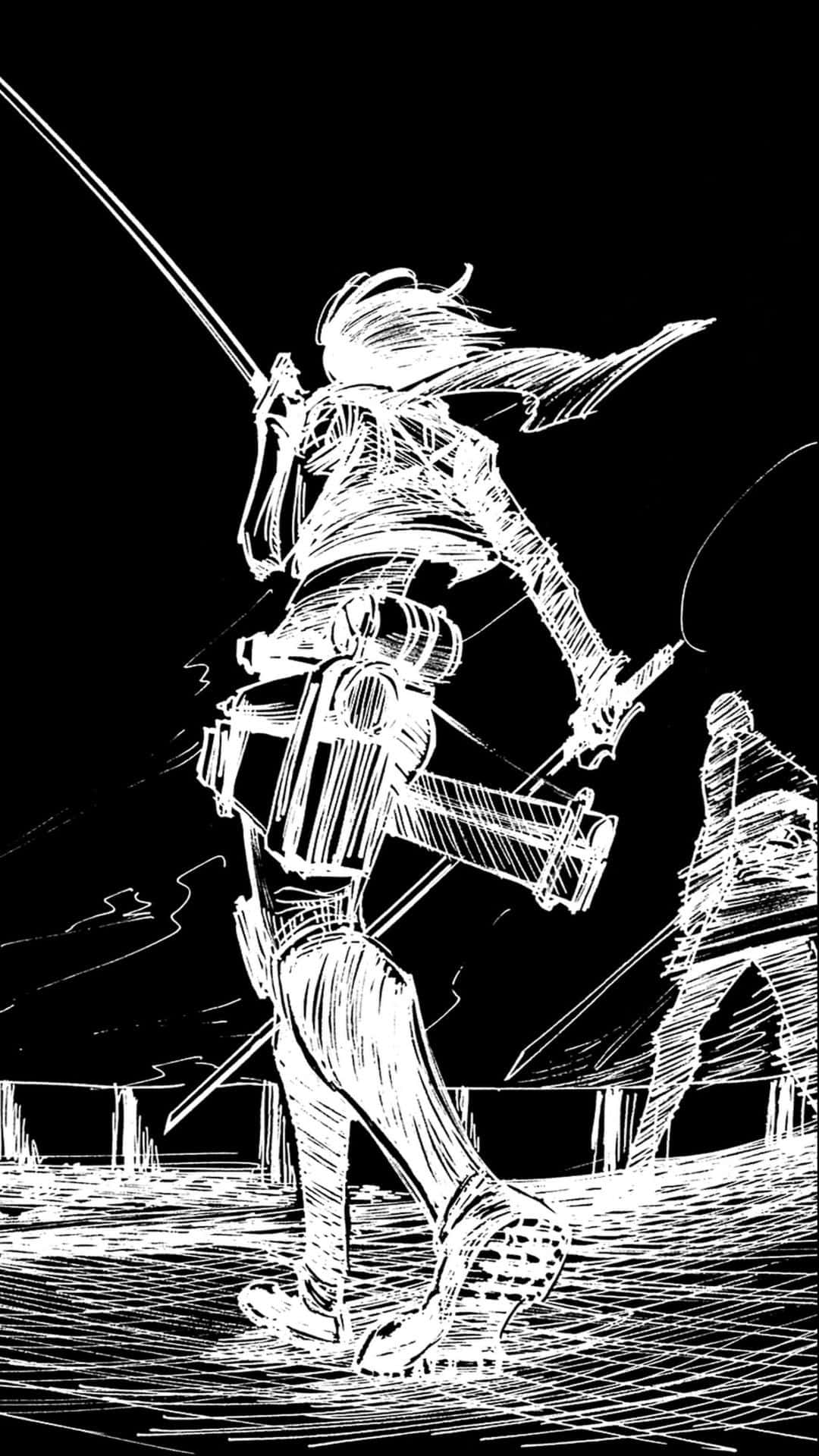Manga Series 桌布 壁紙 — 一個動態的白色線條藝術盔甲戰士，手持劍向前衝刺，背景為鮮明的黑色。
