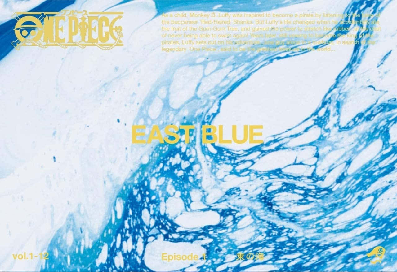East Blue 桌布 壁紙 — 一個動態的藍白漩渦海浪背景，帶有粗體黃色One Piece East Blue標題文字。