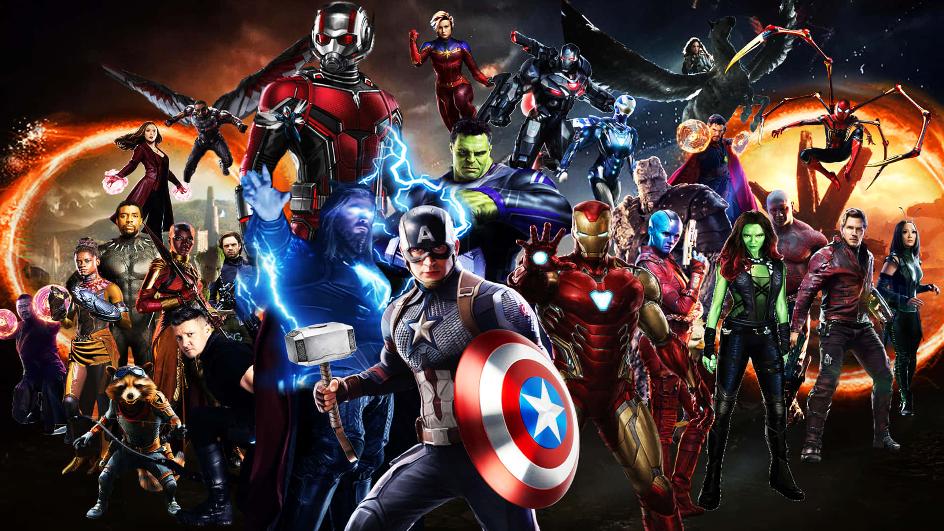 終局 桌布 壁紙 — 一個動態的超級英雄組合，包括美國隊長、雷神、鐵甲奇俠等，以英雄姿態站在熾熱的宇宙背景前。