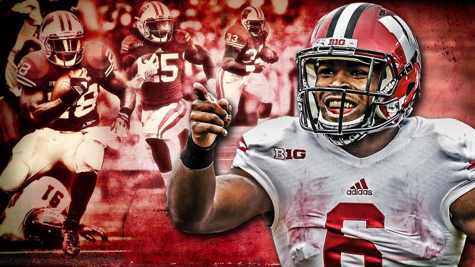 Wisconsin Badgers 桌布 壁紙 — 一個動態的足球員拼貼畫，中央球員在粗糙的紅色背景上向前指。