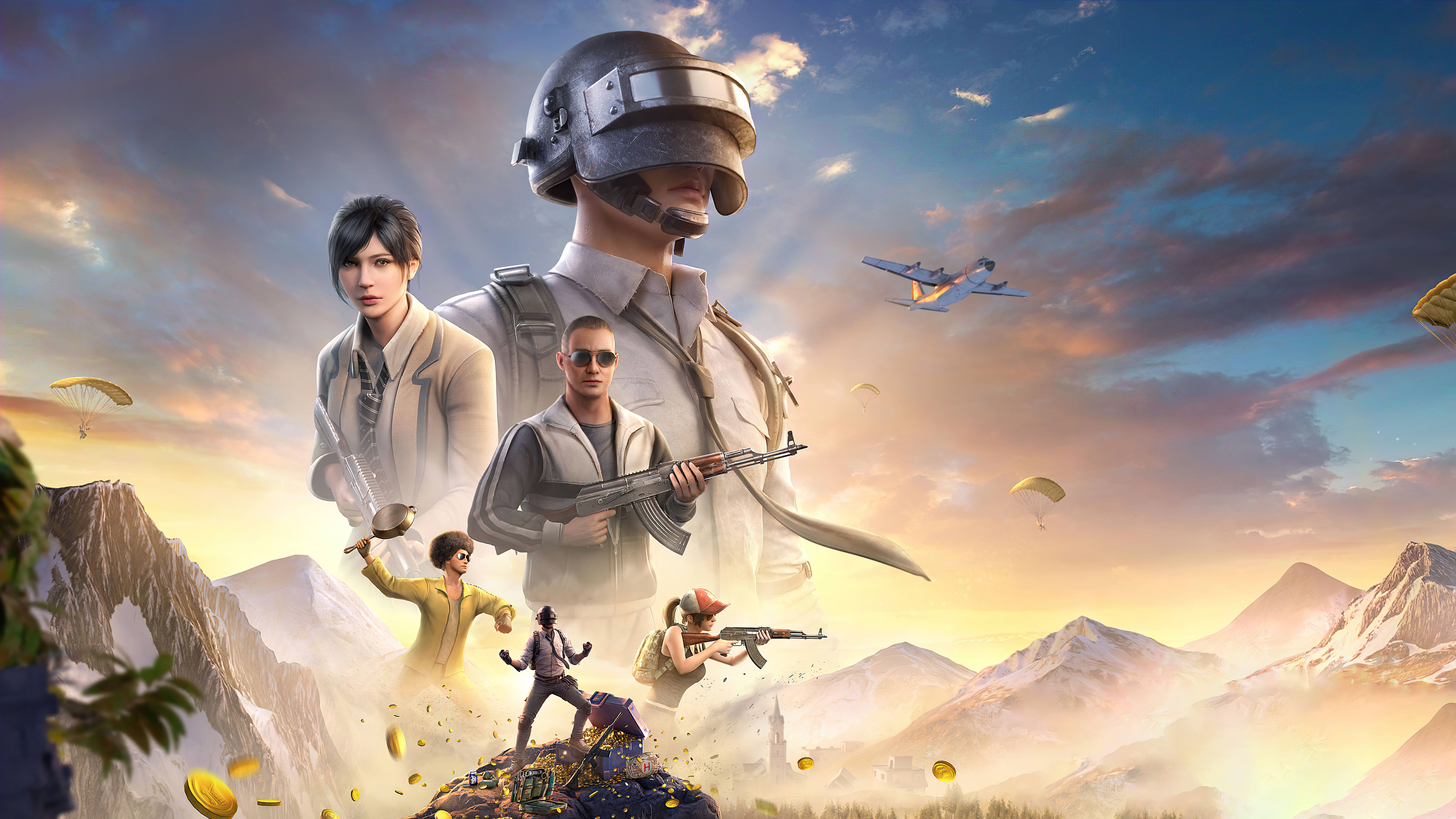 PUBG 桌布 壁紙 — 一個動態的遊戲場景，士兵在日落時分跳傘並在山頂戰鬥。