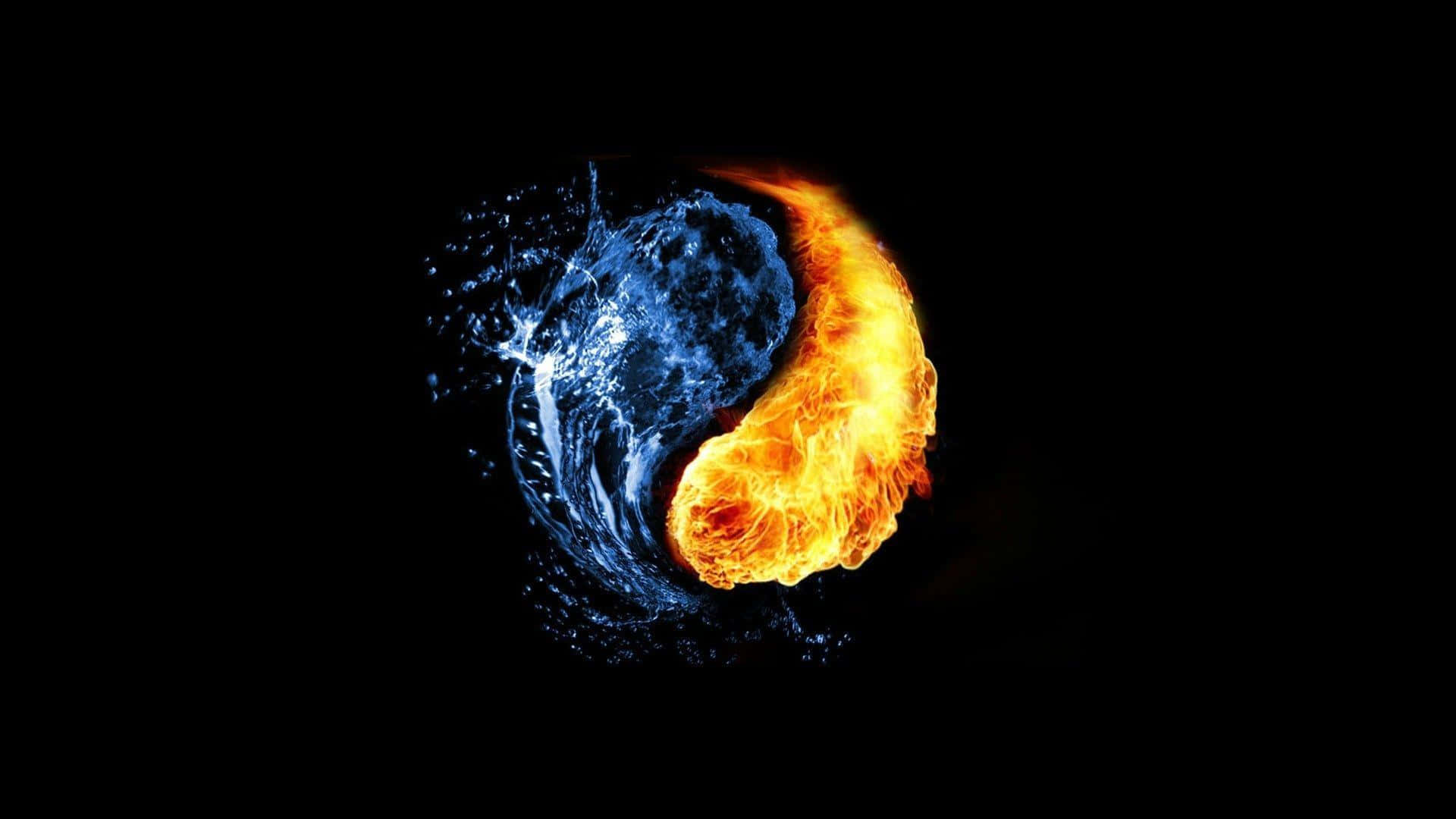 3d Fire 桌布 壁紙 — 一個動態的陰陽符號，一側有藍色水旋轉，另一側有橙色火焰在黑色虛空中燃燒。