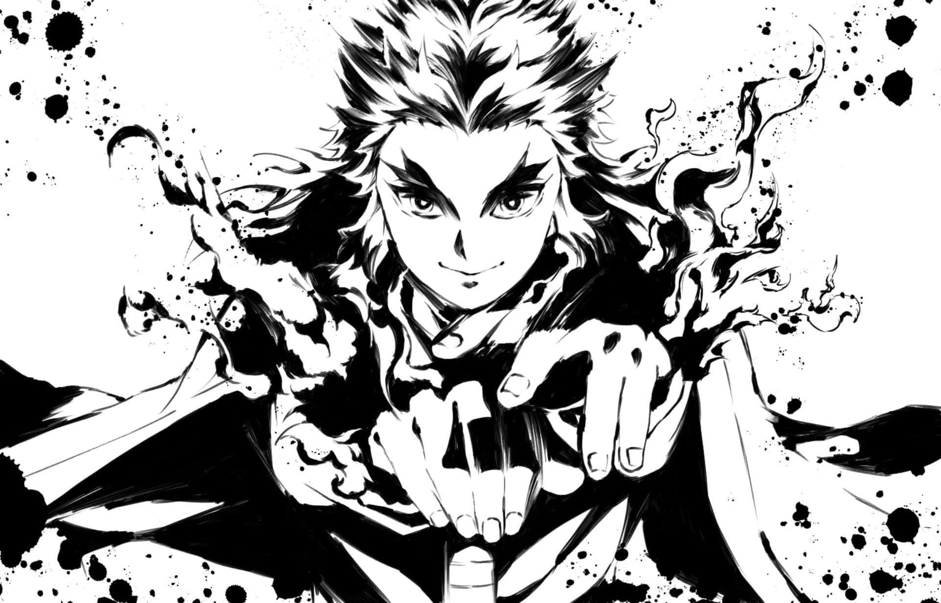 Rengoku Sword 桌布 壁紙 — 一個動態的黑白動漫戰士，擁有尖刺頭髮和銳利眼神，在墨水飛濺和旋轉能量中向前伸出手。