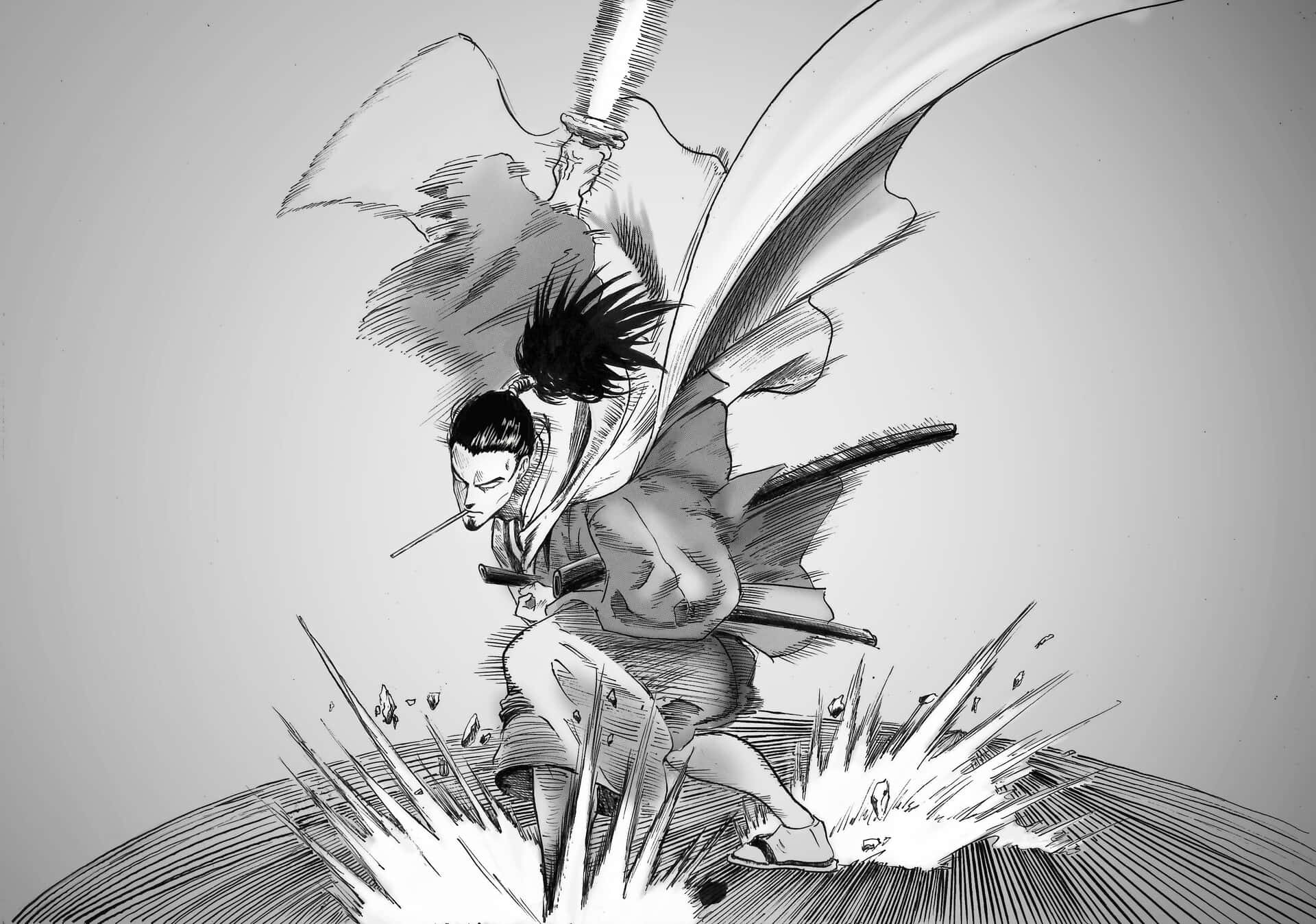 Atomic Samurai 桌布 壁紙 — 一個動態的黑白動漫武士向前揮劍，斗篷飄揚，腳下地面爆炸。