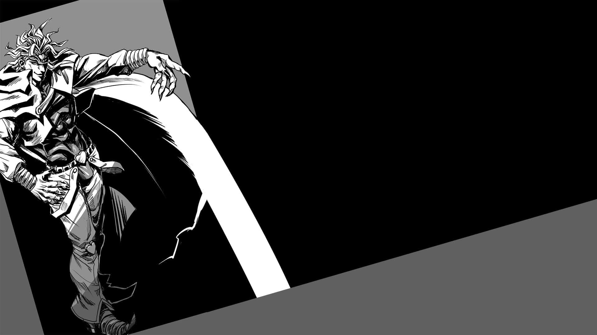 Dio Brando 桌布 壁紙 — 一個動態的黑白動漫角色，擁有尖刺頭髮和飄逸斗篷，在鮮明的對角線背景前向前衝刺。