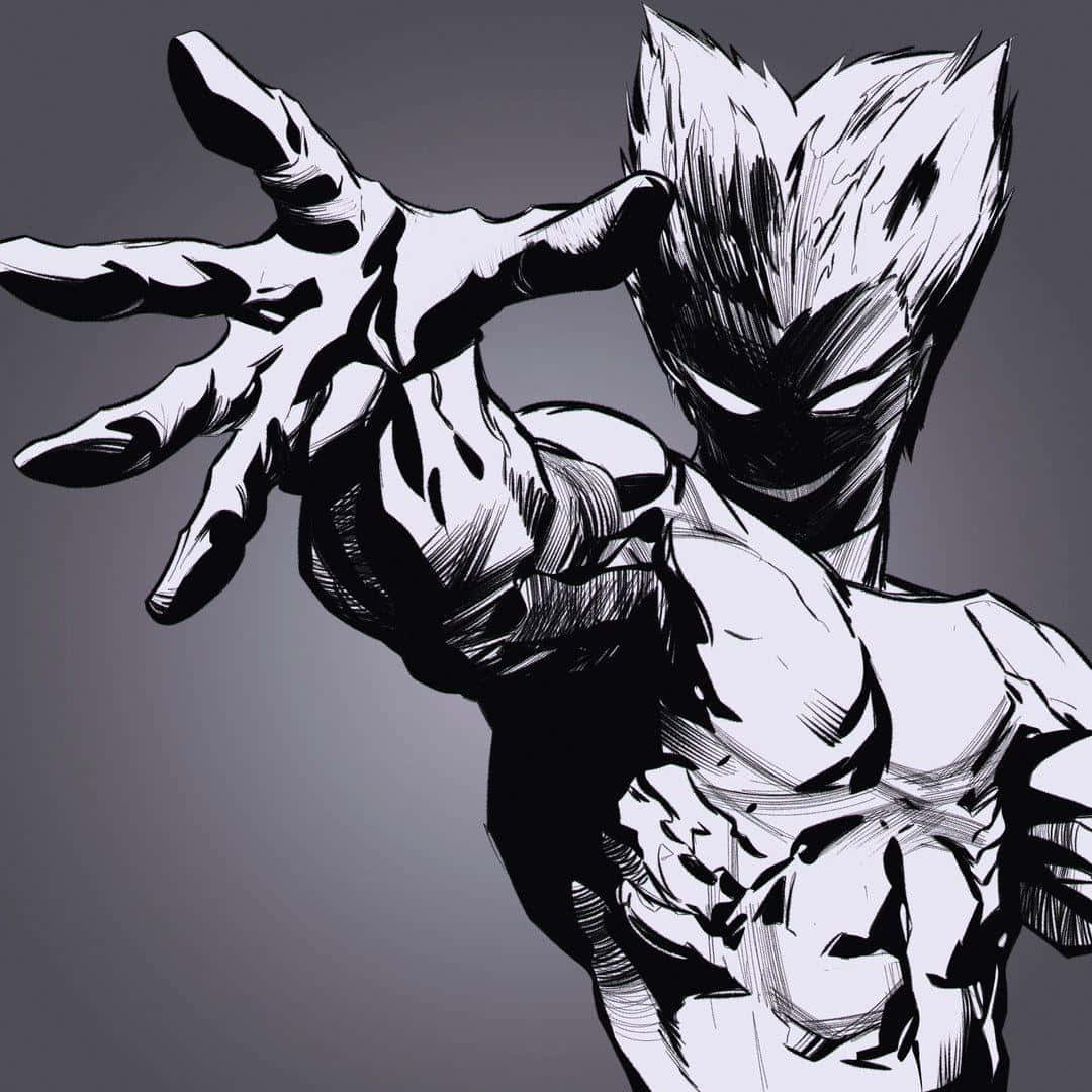 Garou 桌布 壁紙 — 一個動態的黑白動漫角色，有著尖刺頭髮和伸出的手，以粗獷的墨水筆觸在灰色背景上呈現。