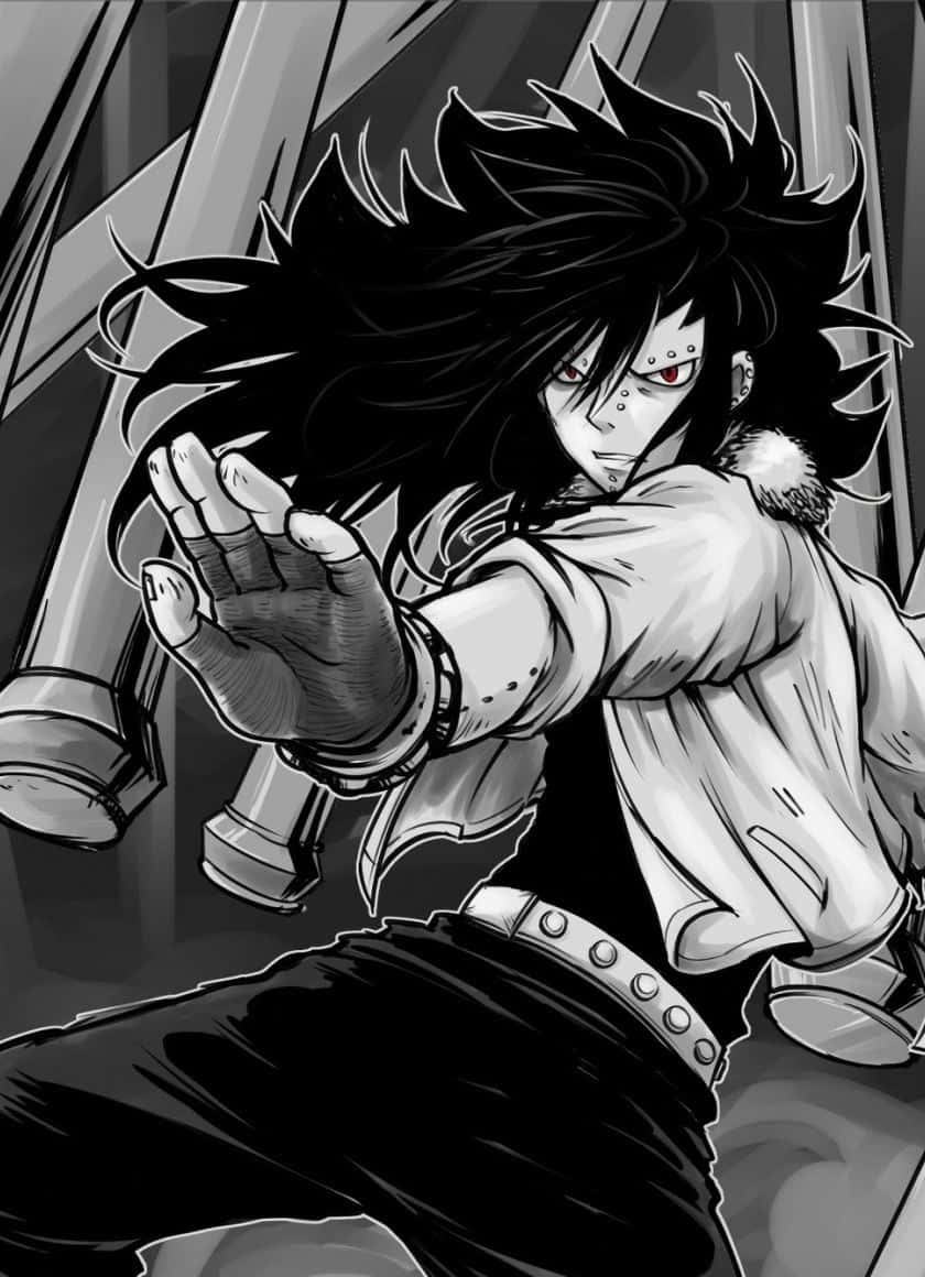 Gajeel Redfox 桌布 壁紙 — 一個動態的黑白動漫角色，有著尖刺頭髮和紅色眼睛，以強力的姿勢向前伸出手。