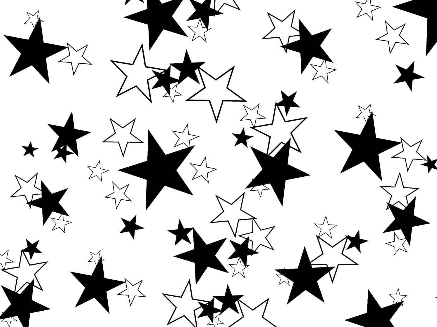 Black And White Star 桌布 壁紙 — 一個動態的黑白圖案，由實心和輪廓形式的星星散落在乾淨的白色背景上。