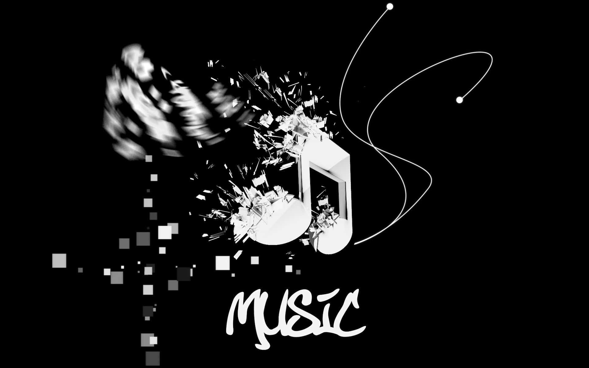 Black And White Music 桌布 壁紙 — 一個動態的黑白數碼插圖，描繪一個破碎的音符在黑暗背景上爆炸，帶有像素碎片和動態軌跡。