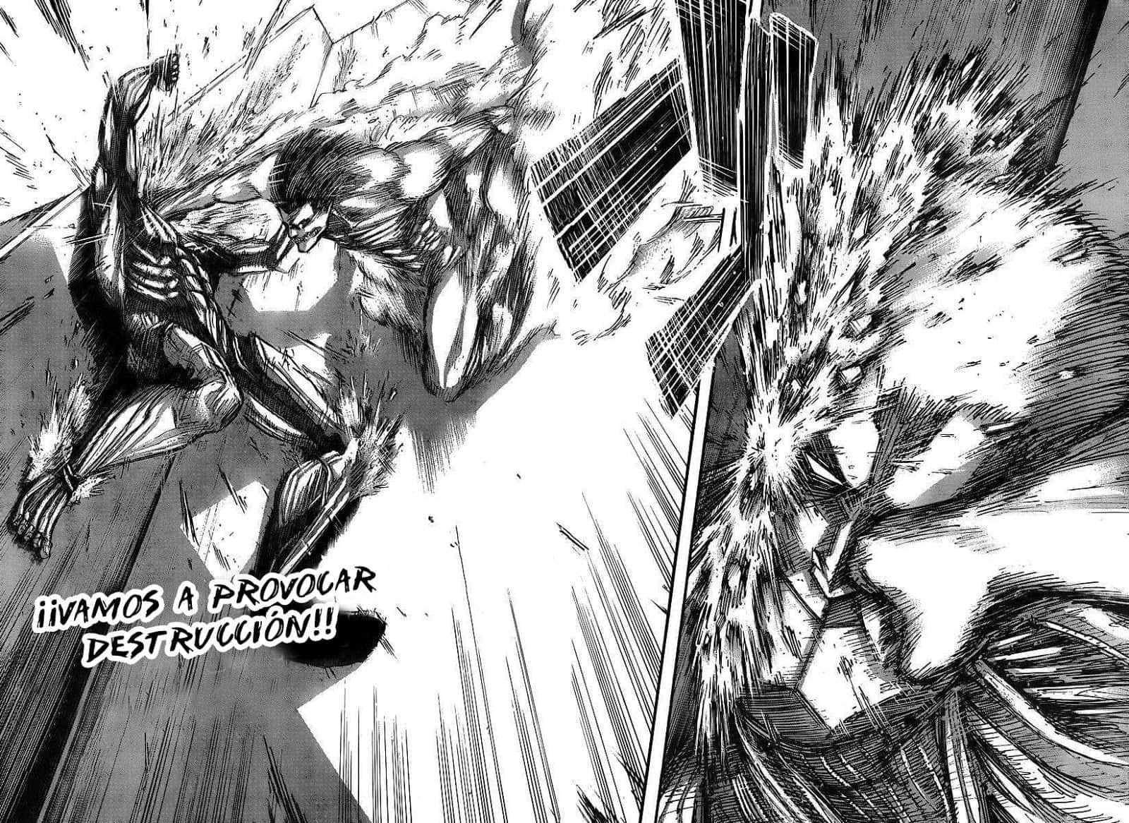 Manga Series 桌布 壁紙 — 一個動態的黑白漫畫面板顯示一個巨大的人形角色帶著爆炸性的動作線條和一個喊叫的對話氣泡衝刺。