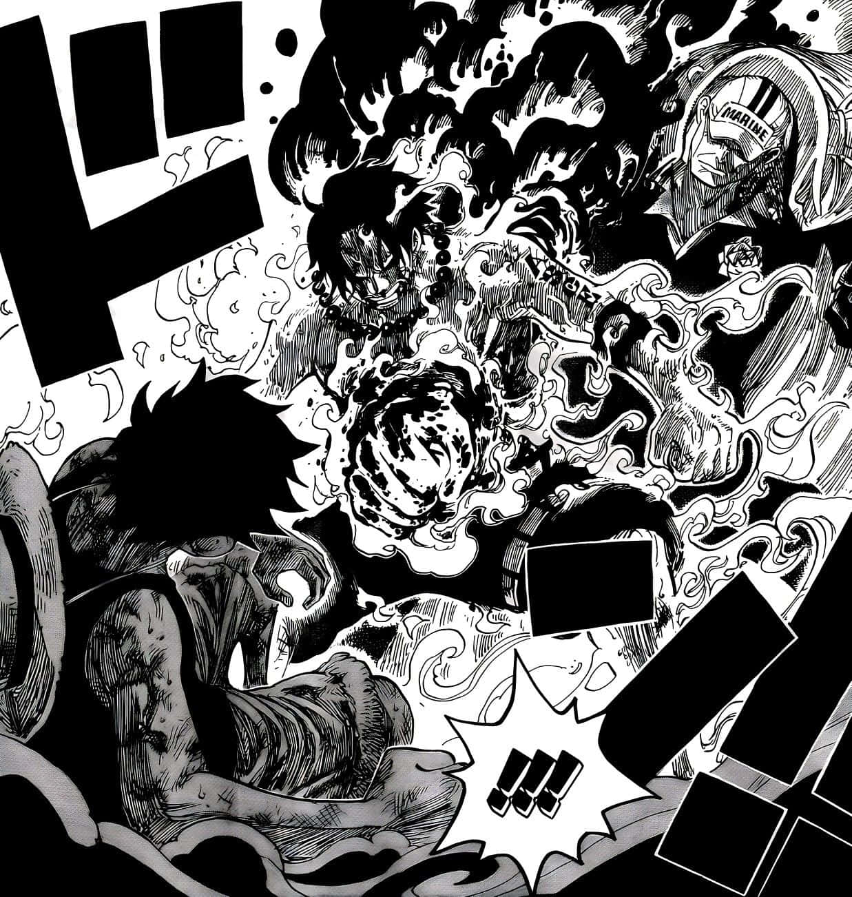 One Piece Ace's Death 桌布 壁紙 — 一個動態的黑白漫畫面板顯示一個強大的角色在旋轉的煙霧和戲劇性的音效中釋放出巨大的能量爆炸。