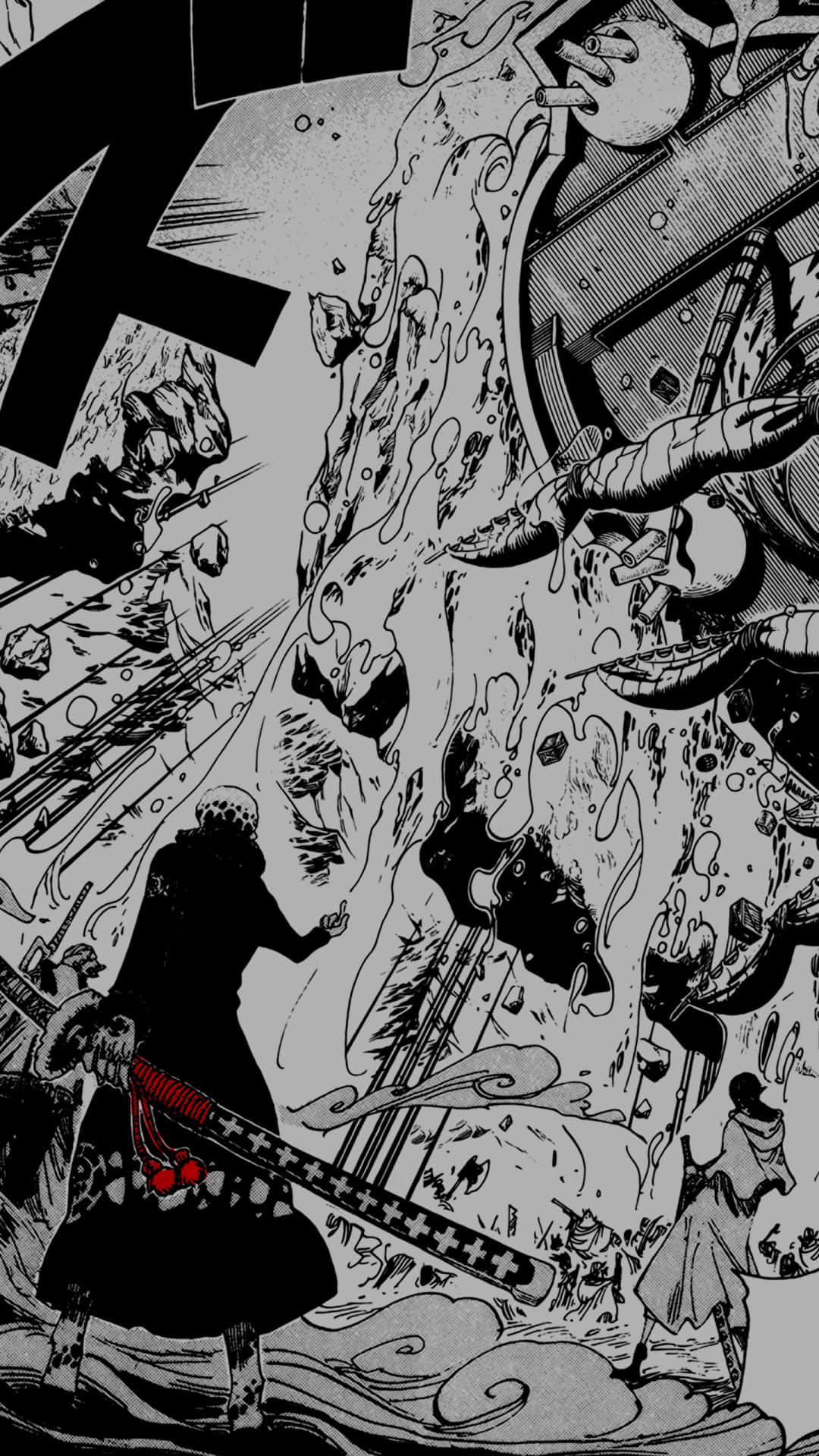 One Piece Manga 桌布 壁紙 — 一個動態的黑白漫畫面板顯示一名戰士在爆炸性的混亂和飛揚的碎片中揮舞著劍。
