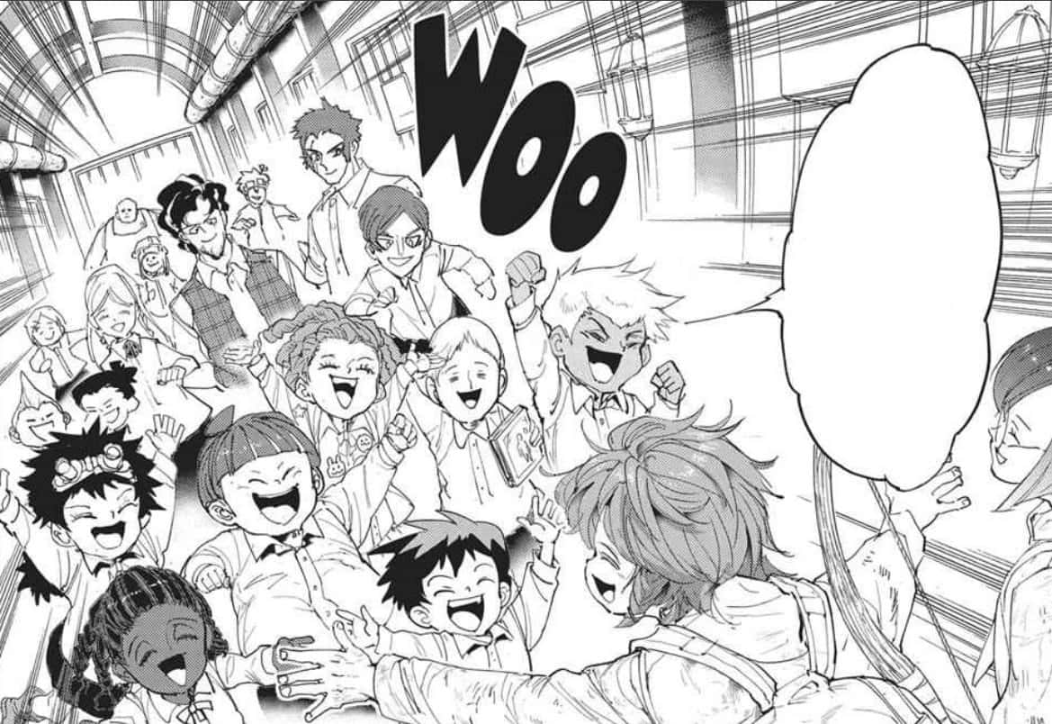 The Promised Neverland Lucas 桌布 壁紙 — 一個動態的黑白漫畫面板顯示了一群歡樂的多樣角色，舉起拳頭，咧嘴大笑。