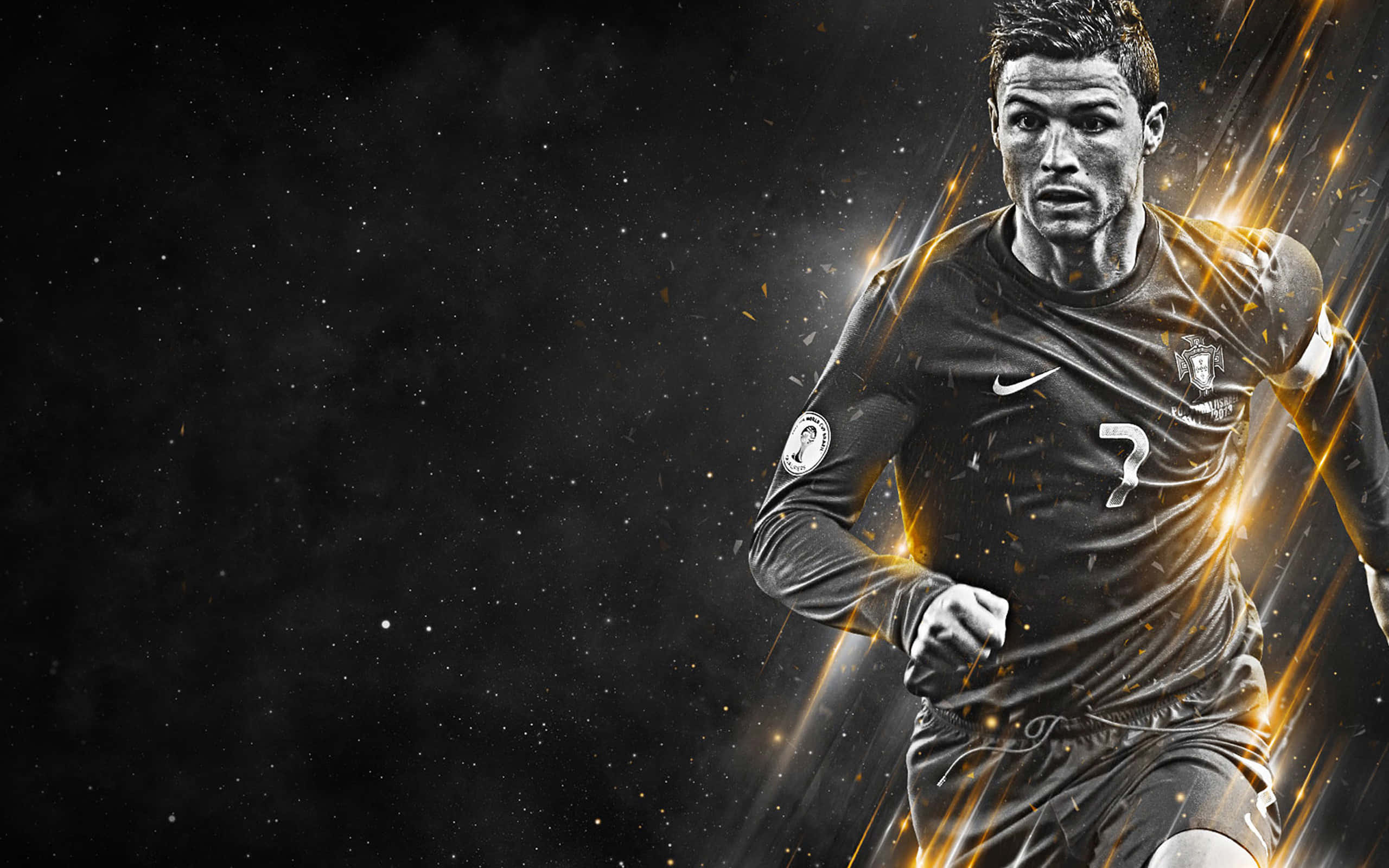 Cristiano Ronaldo 桌布 壁紙 — 一個動態的黑金數碼肖像，描繪一名足球運動員在星空宇宙背景中移動。
