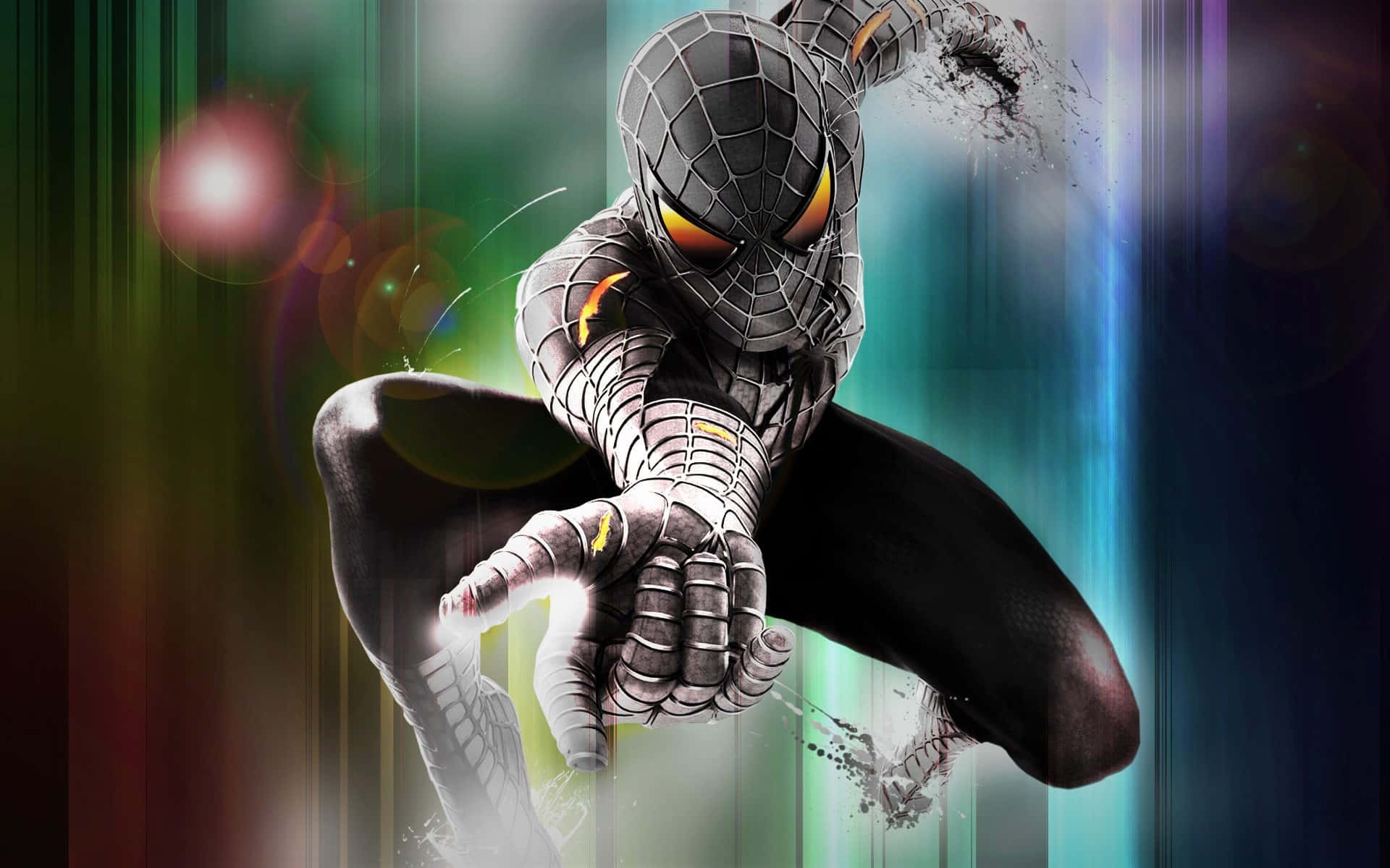 Spider Man 3 桌布 壁紙 — 一個動態的黑銀色蜘蛛俠在半空中擺盪，背景是充滿活力的抽象背景，帶有發光的鏡頭光暈。