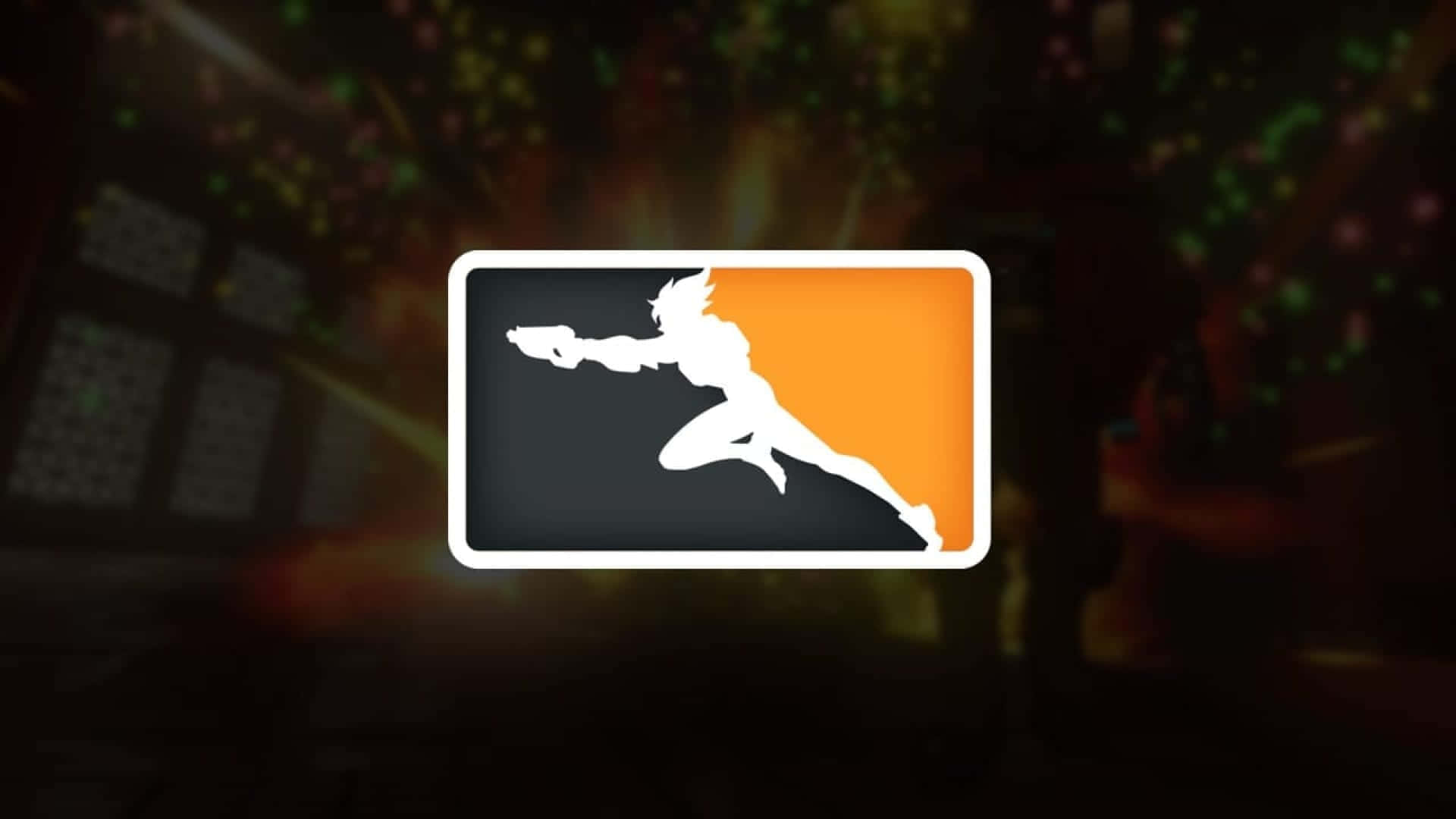 Overwatch League 桌布 壁紙 — 一個動態跑者的白色剪影，在分割的黑色和橙色背景上，背後有模糊的彩色燈光。