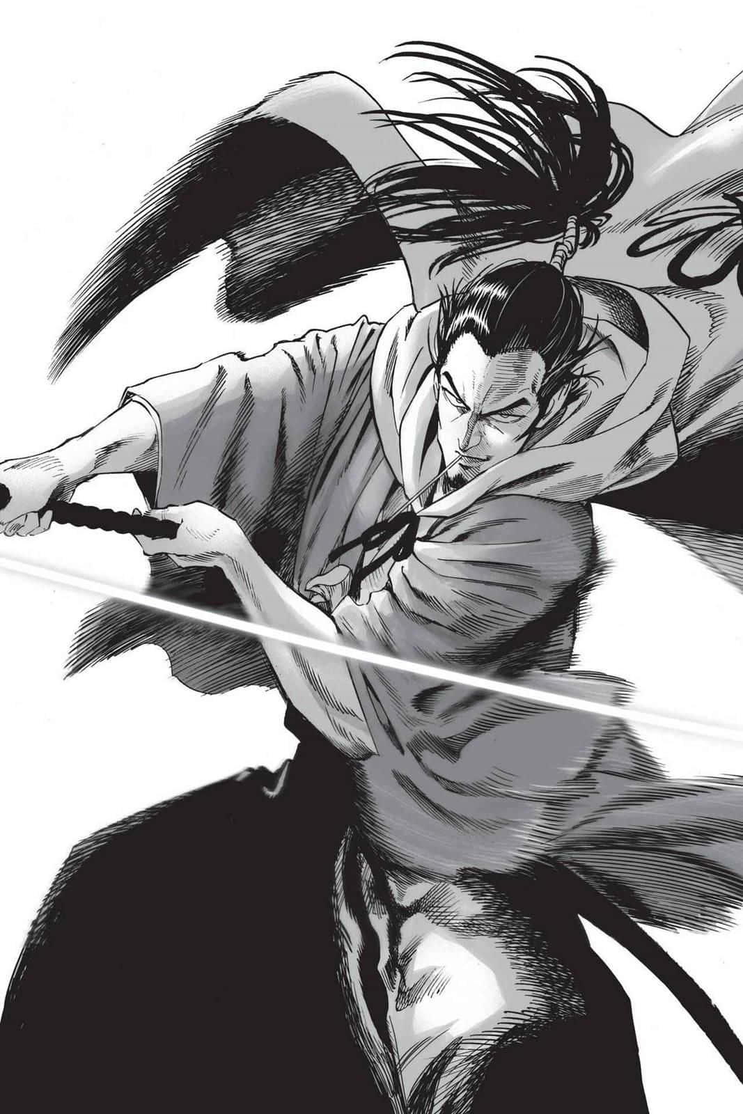 Atomic Samurai 桌布 壁紙 — 一個動態黑白動漫武士，以強烈的專注力和飄逸的長袍向前揮砍。