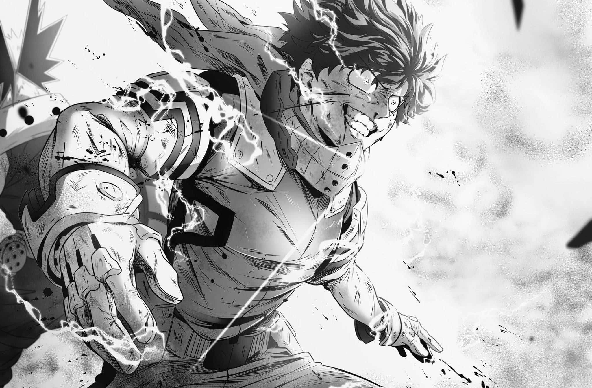 Dark Deku 桌布 壁紙 — 一個動態黑白動漫角色以強烈表情和動作線釋放電能。