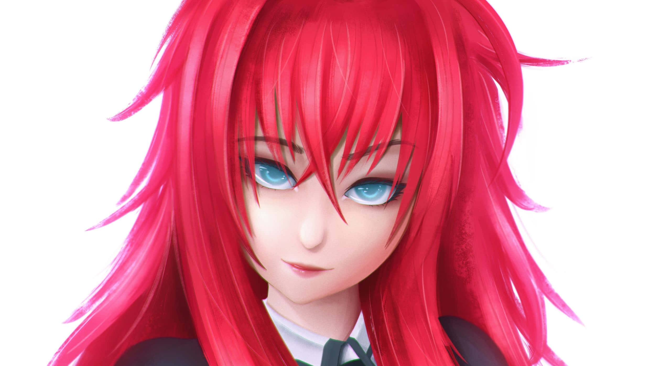 Rias Gremory 桌布 壁紙 — 一個動漫女孩的特寫，擁有鮮豔的紅髮和引人注目的藍眼睛，背景是純白色。